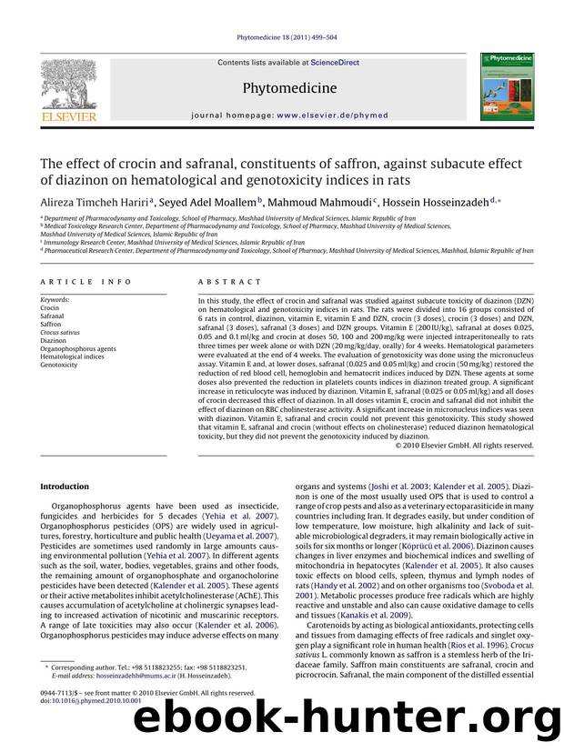 The effect of crocin and safranal, constituents of saffron, against subacute effect of diazinon on hematological and genotoxicity indices in rats by Alireza Timcheh Hariri
