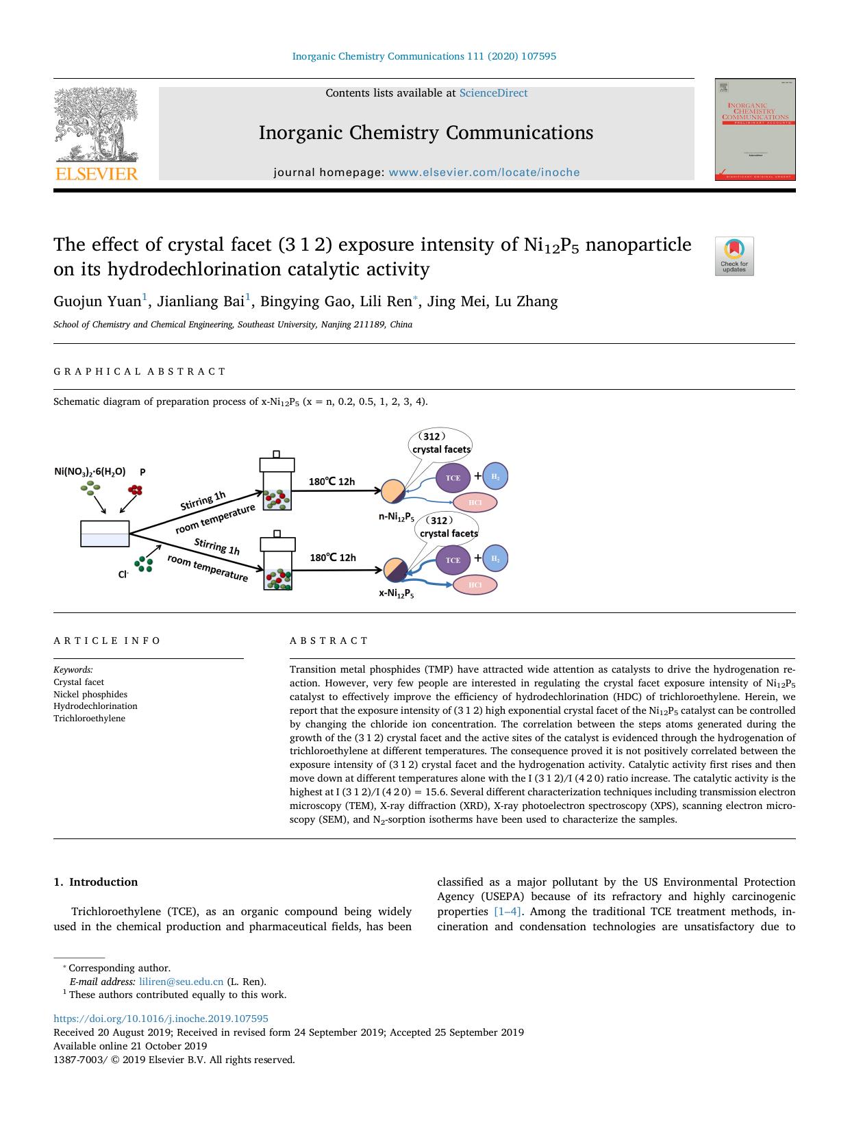 The effect of crystal facet (3â¯1â¯2) exposure intensity of Ni12P5 nanoparticle on its hydrodechlorination catalytic activity by Guojun Yuan & Jianliang Bai & Bingying Gao & Lili Ren & Jing Mei & Lu Zhang
