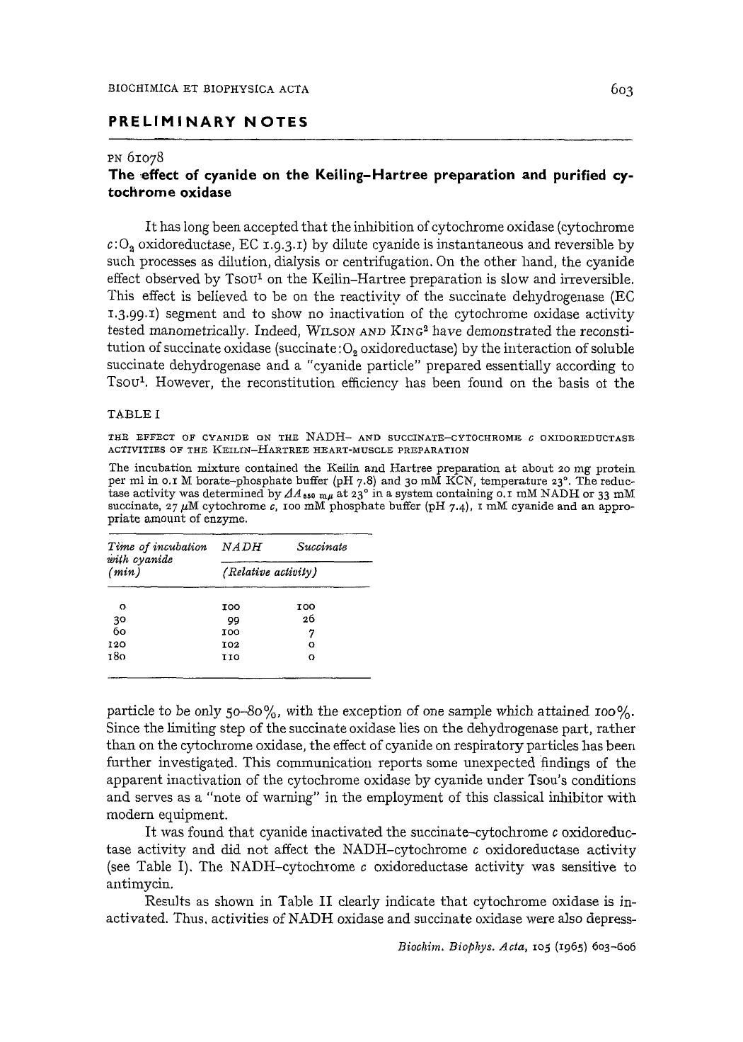 The effect of cyanide on the Keiling-Hartree preparation and purified cytochrome oxidase by Pat W. Camerino; Tsoo E. King