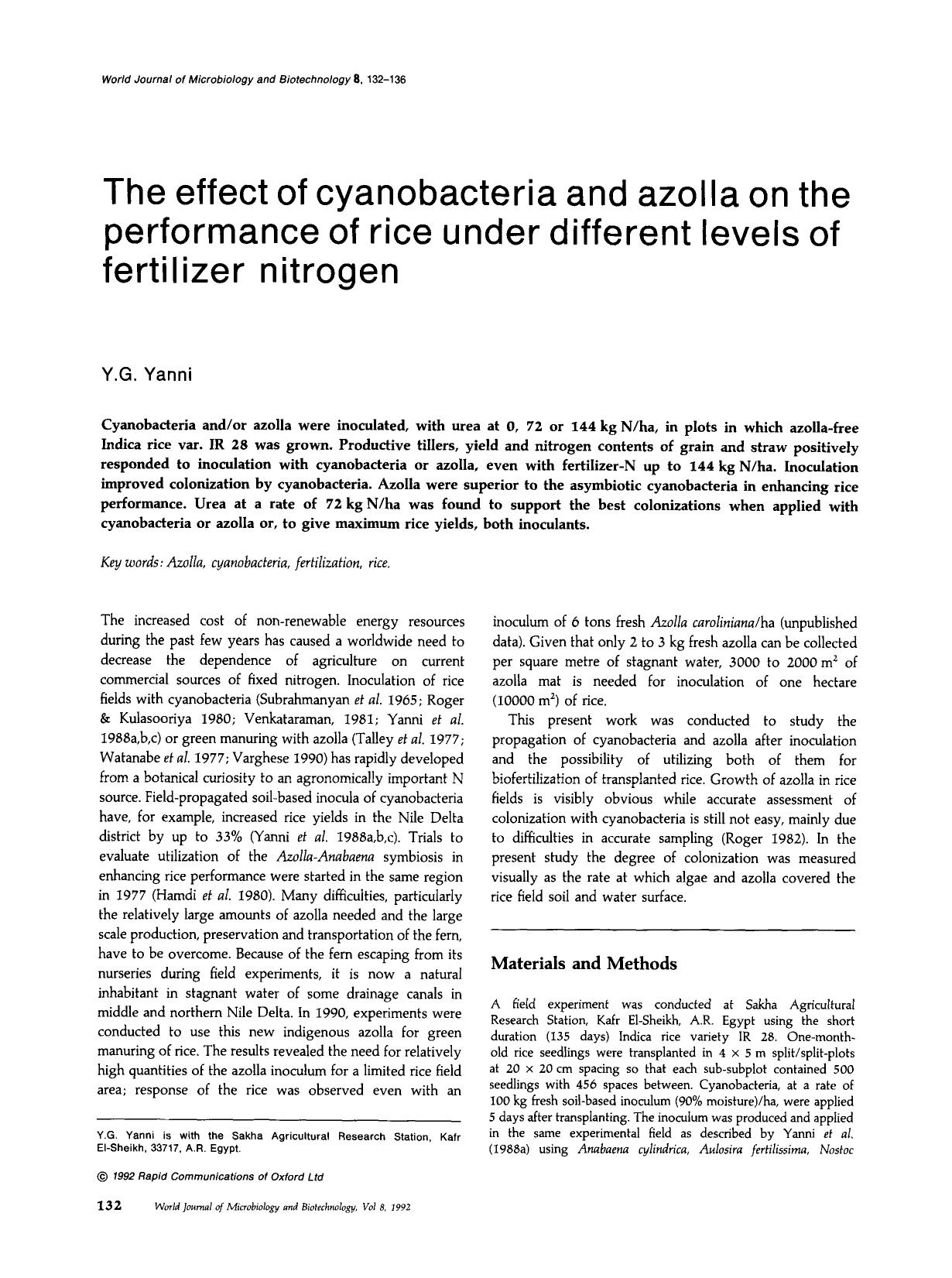 The effect of cyanobacteria and azolla on the performance of rice under different levels of fertilizer nitrogen by Unknown