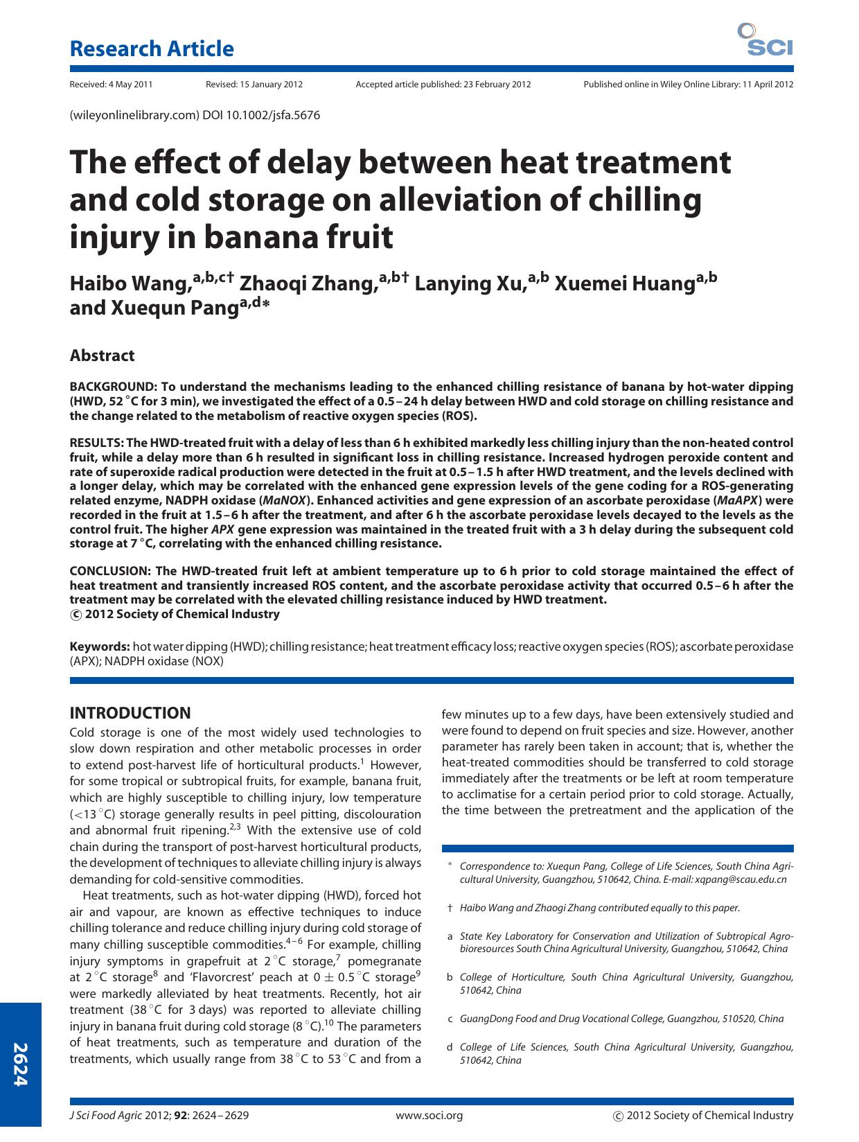 The effect of delay between heat treatment and cold storage on alleviation of chilling injury in banana fruit by Unknown