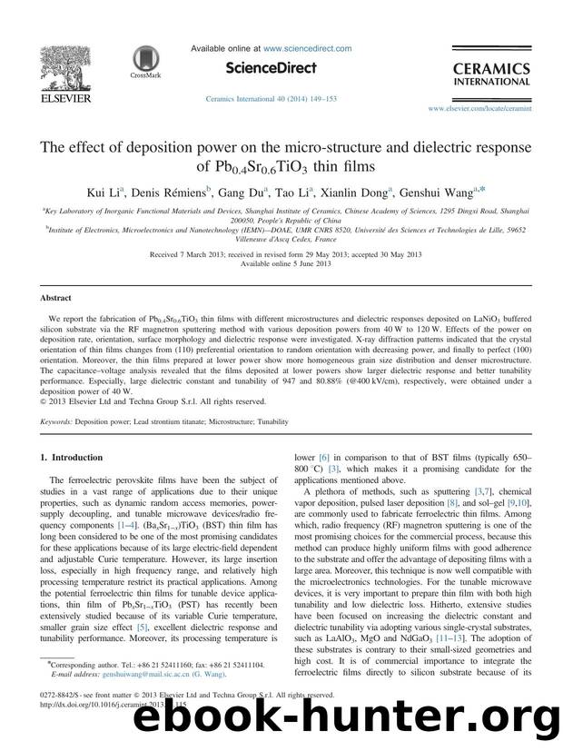 The effect of deposition power on the micro-structure and dielectric response of Pb0.4Sr0.6TiO3 thin films by Kui Li & Denis Rémiens & Gang Du & Tao Li & Xianlin Dong & Genshui Wang