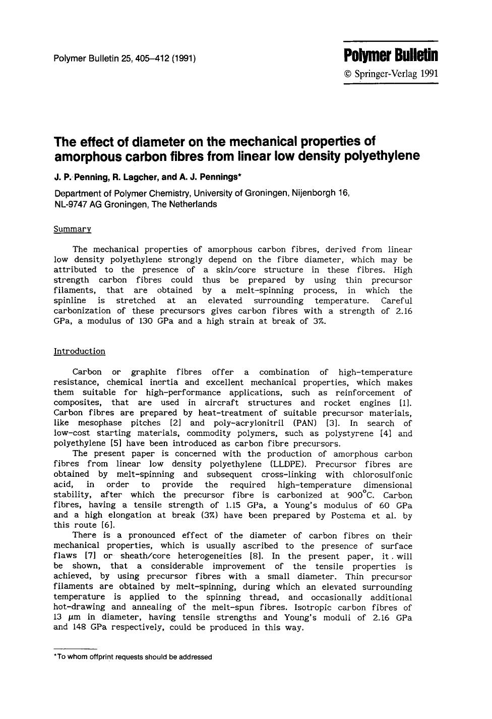 The effect of diameter on the mechanical properties of amorphous carbon fibres from linear low density polyethylene by Unknown