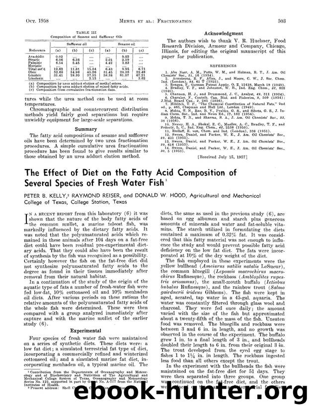 The effect of diet on the fatty acid composition of several species of fresh water fish by Unknown