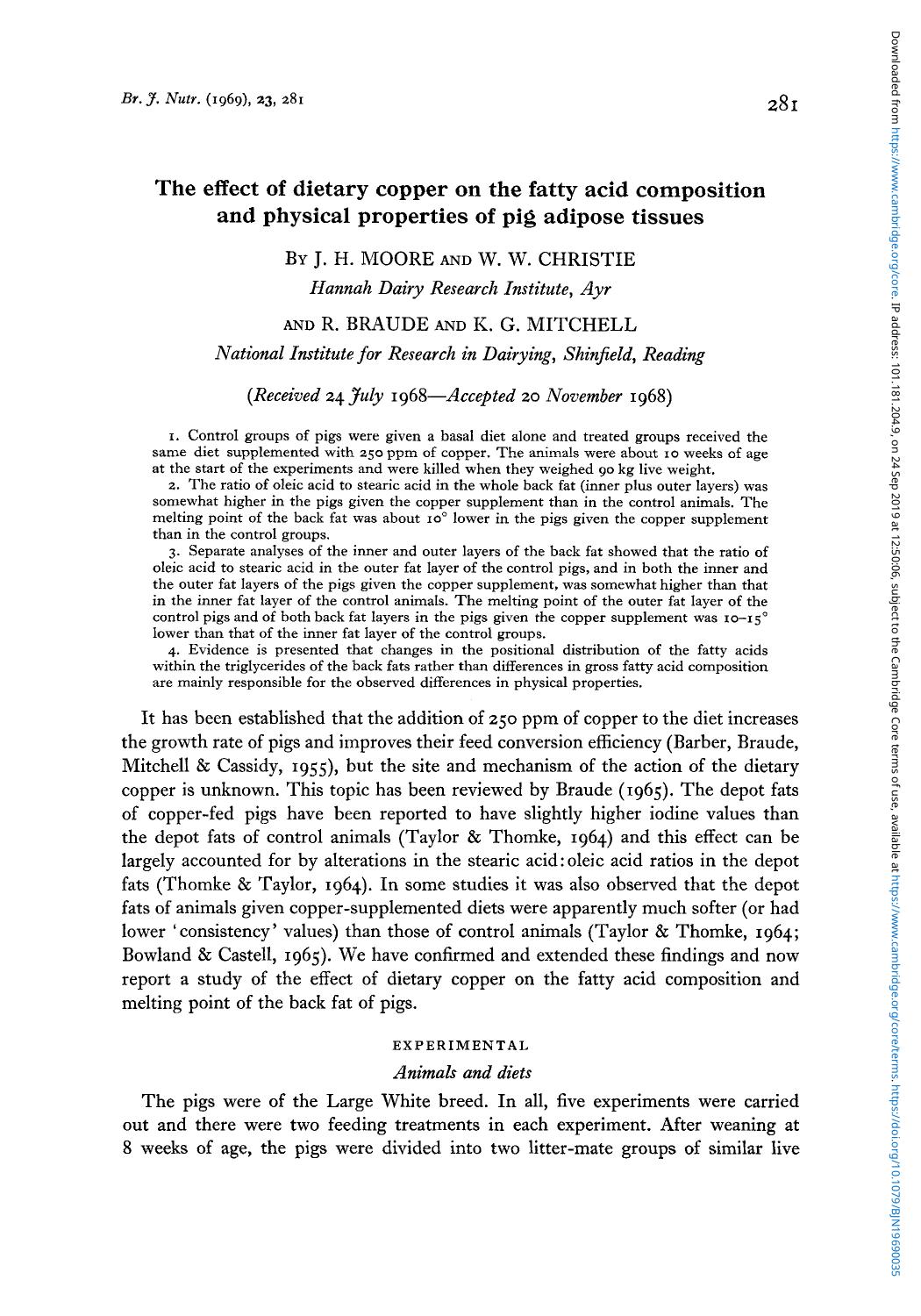 The effect of dietary copper on the fatty acid composition and physical properties of pig adipose tissues by J.H. Moore W.W. Christle R. Braude K. G Mitchell