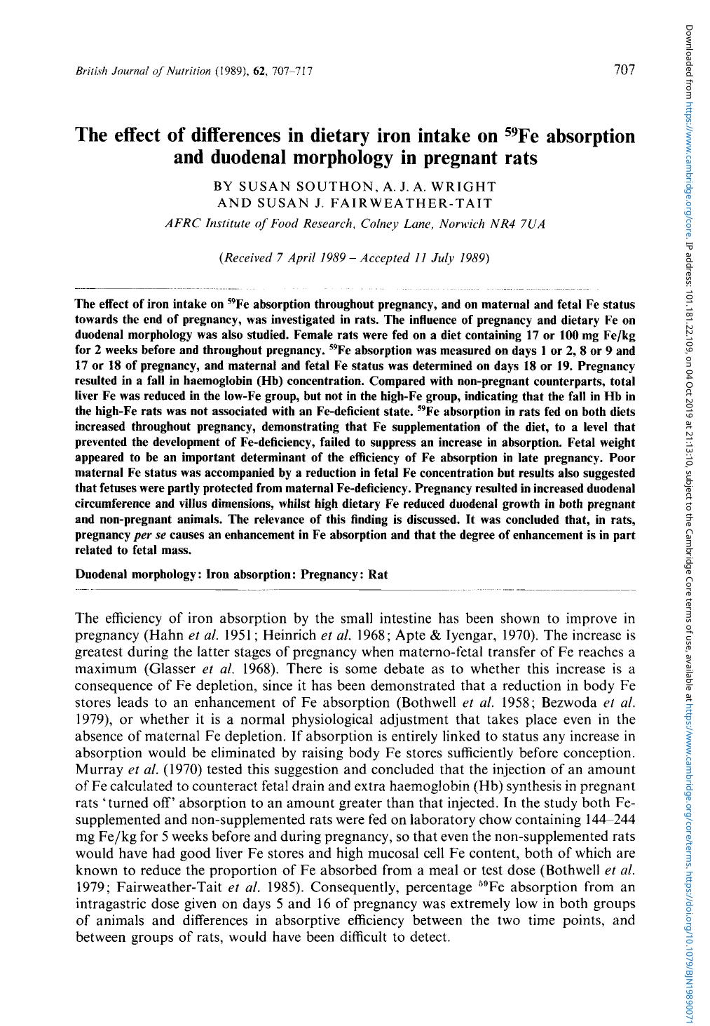 The effect of differences in dietary iron intake on Fe absorption and duodenal morphology in pregnant rats by Susan Southon A. J. A. Wright & Susan J. Fairweather-Tait