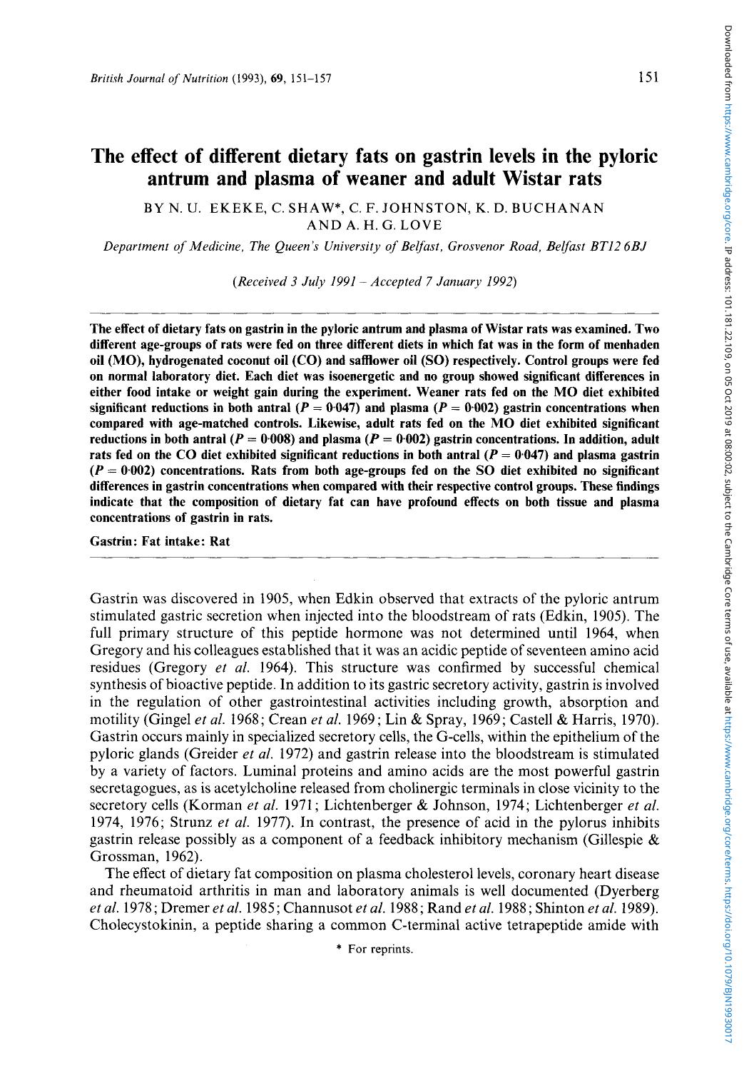 The effect of different dietary fats on gastrin levels in the pyloric antrum and plasma of weaner and adult Wistar rats by N. U. Ekeke C. Shaw C. F. Johnston K. D. Buchanan & A. H. G. Love