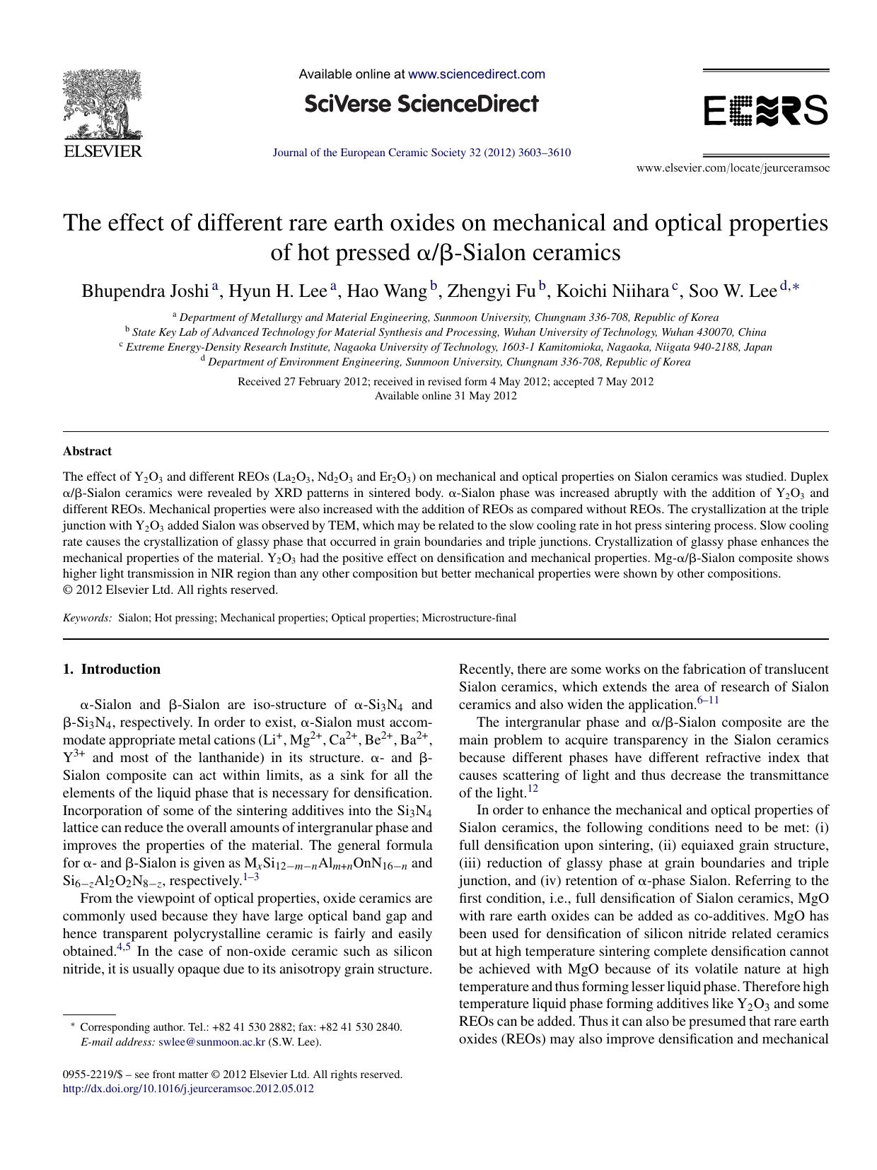 The effect of different rare earth oxides on mechanical and optical properties of hot pressed Î±Î²-Sialon ceramics by Bhupendra Joshi