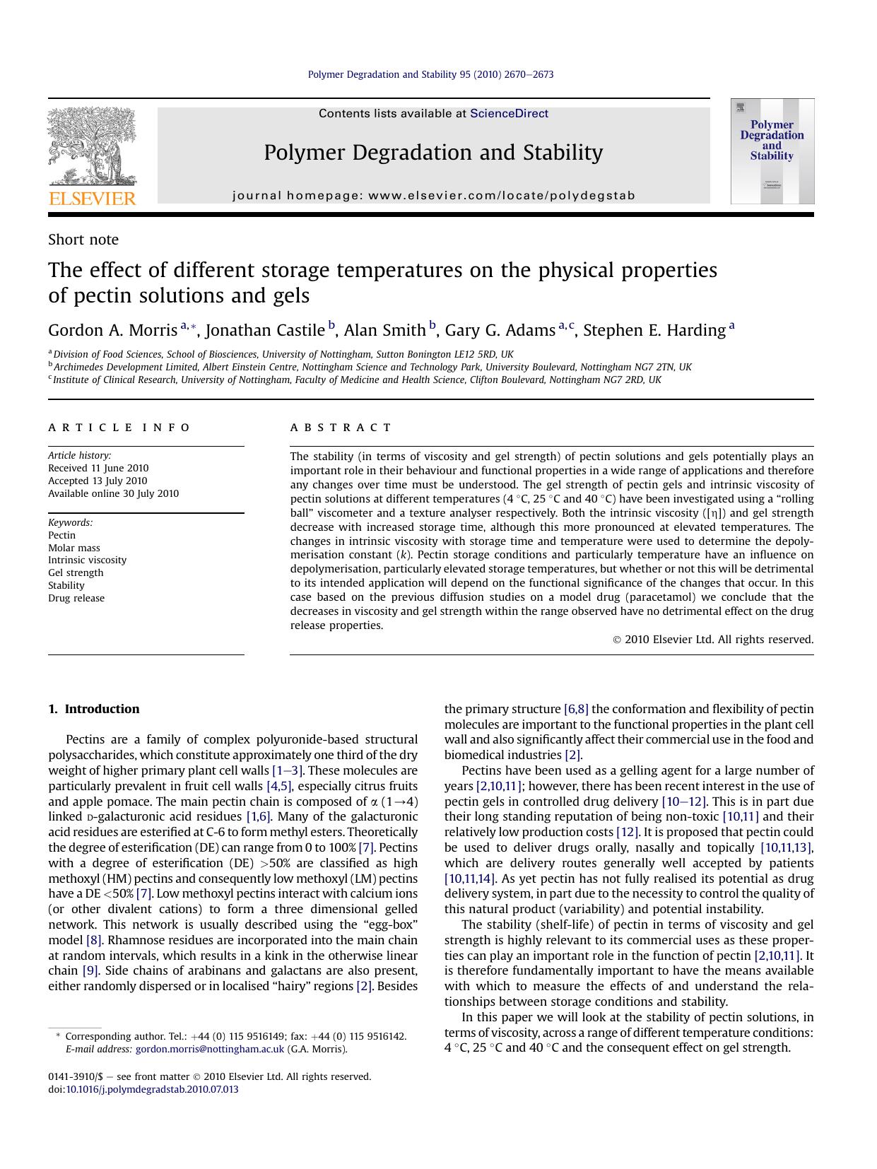 The effect of different storage temperatures on the physical properties of pectin solutions and gels by Gordon A. Morris & Jonathan Castile & Alan Smith & Gary G. Adams & Stephen E. Harding