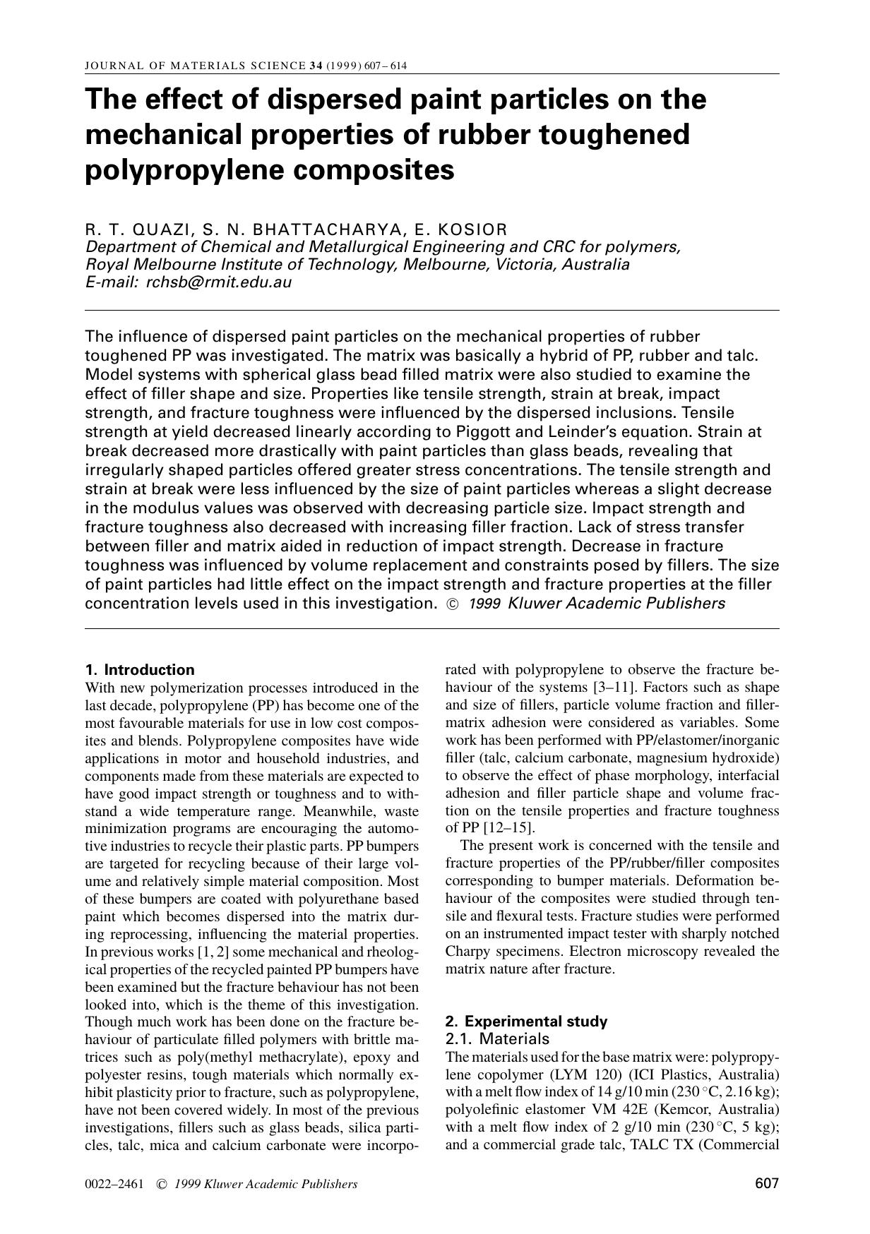 The effect of dispersed paint particles on the mechanical properties of rubber toughened polypropylene composites by Unknown