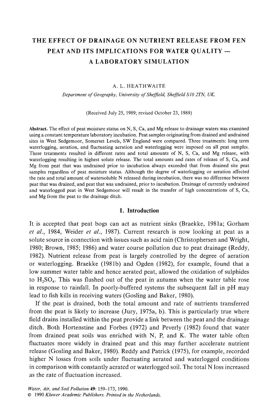 The effect of drainage on nutrient release from fen peat and its implications for water quality &#x2014;a laboratory simulation by Unknown