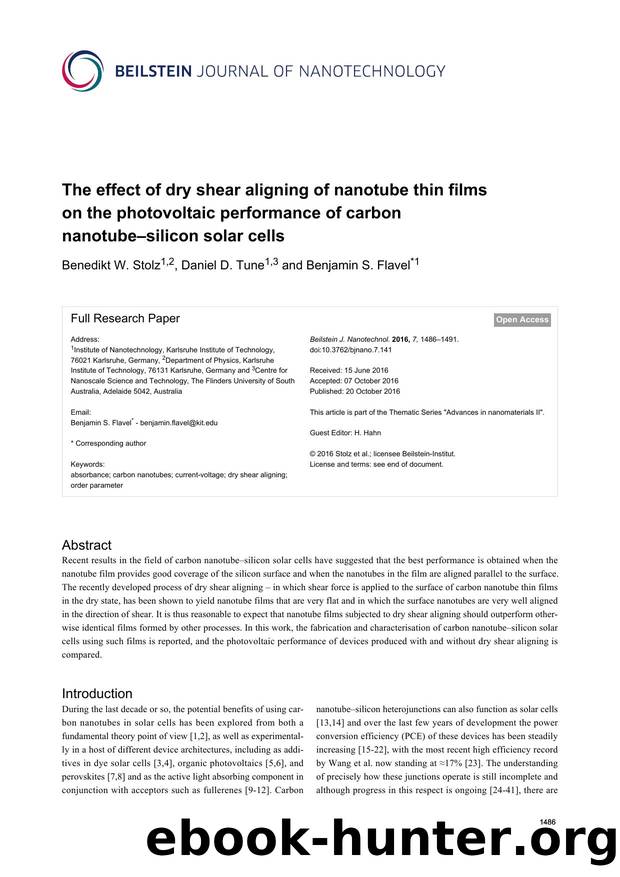 The effect of dry shear aligning of nanotube thin films on the photovoltaic performance of carbon nanotubeâsilicon solar cells by Benedikt W. Stolz Daniel D. Tune Benjamin S. Flavel