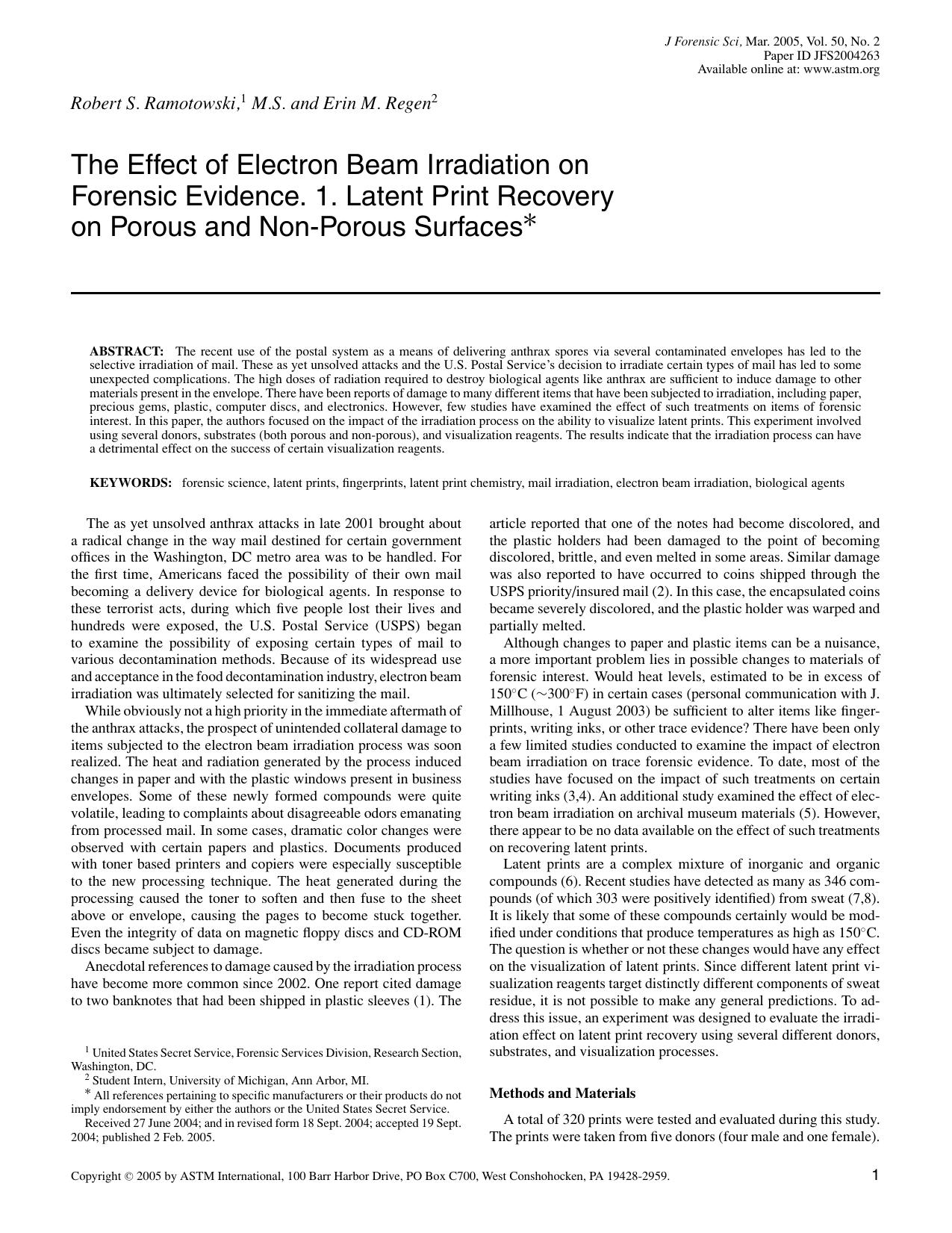 The effect of electron beam irradiation on forensic evidence. 1. Laten print recovery on porous and non-porous surfaces by Ramotowski RS Regen EM