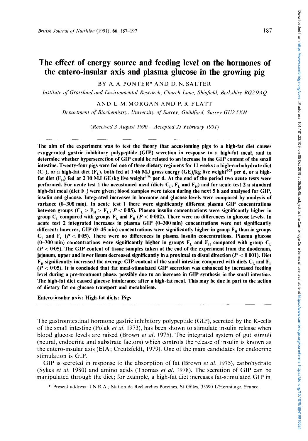 The effect of energy source and feeding level on the hormones of the entero-insular axis and plasma glucose in the growing pig by A. A. Ponter D. N. Salter L. M. Morgan & P. R. Flatt