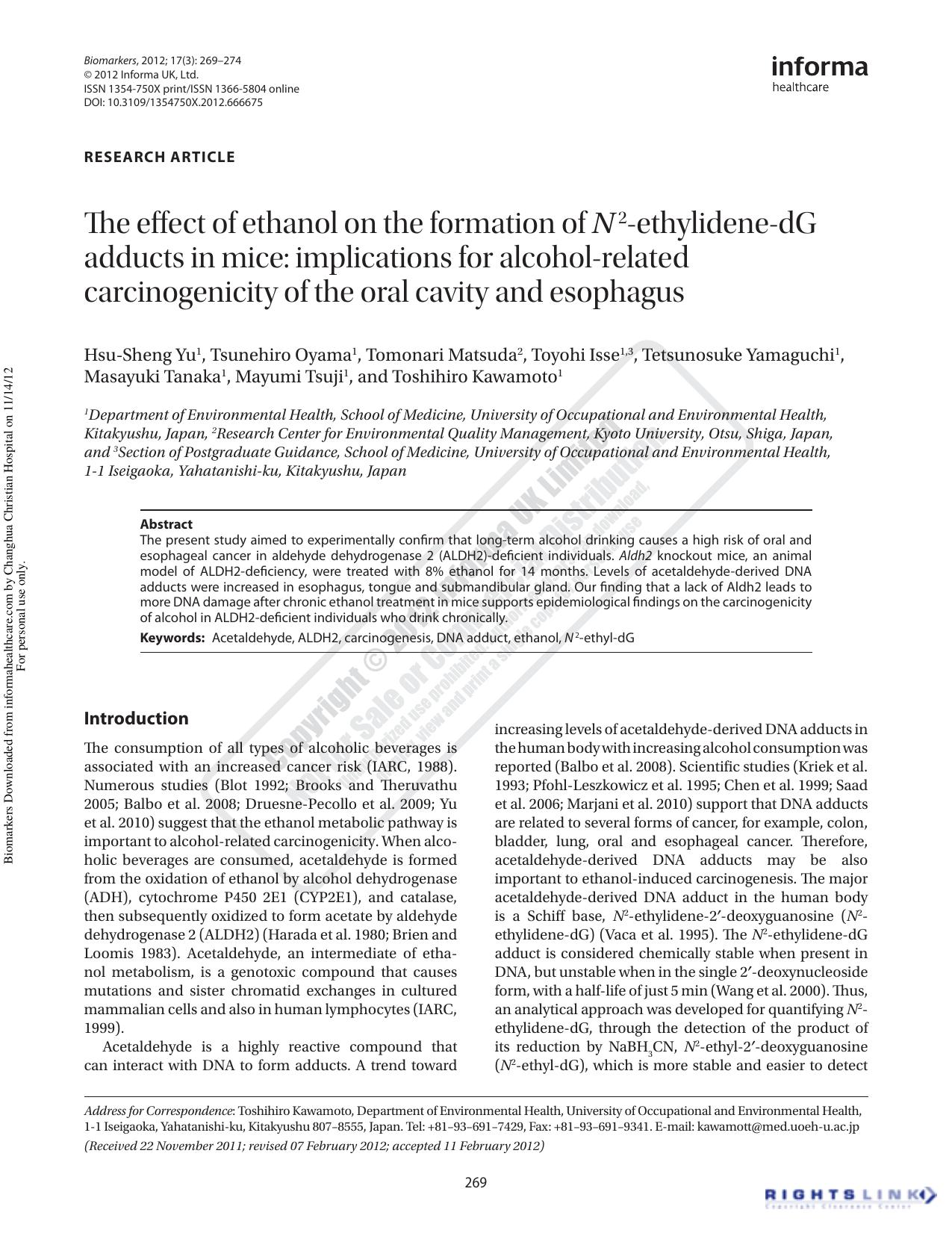 The effect of ethanol on the formation of Nâ2-ethylidene-dG adducts in mice: implications for alcohol-related carcinogenicity of the oral cavity and esophagus by unknow
