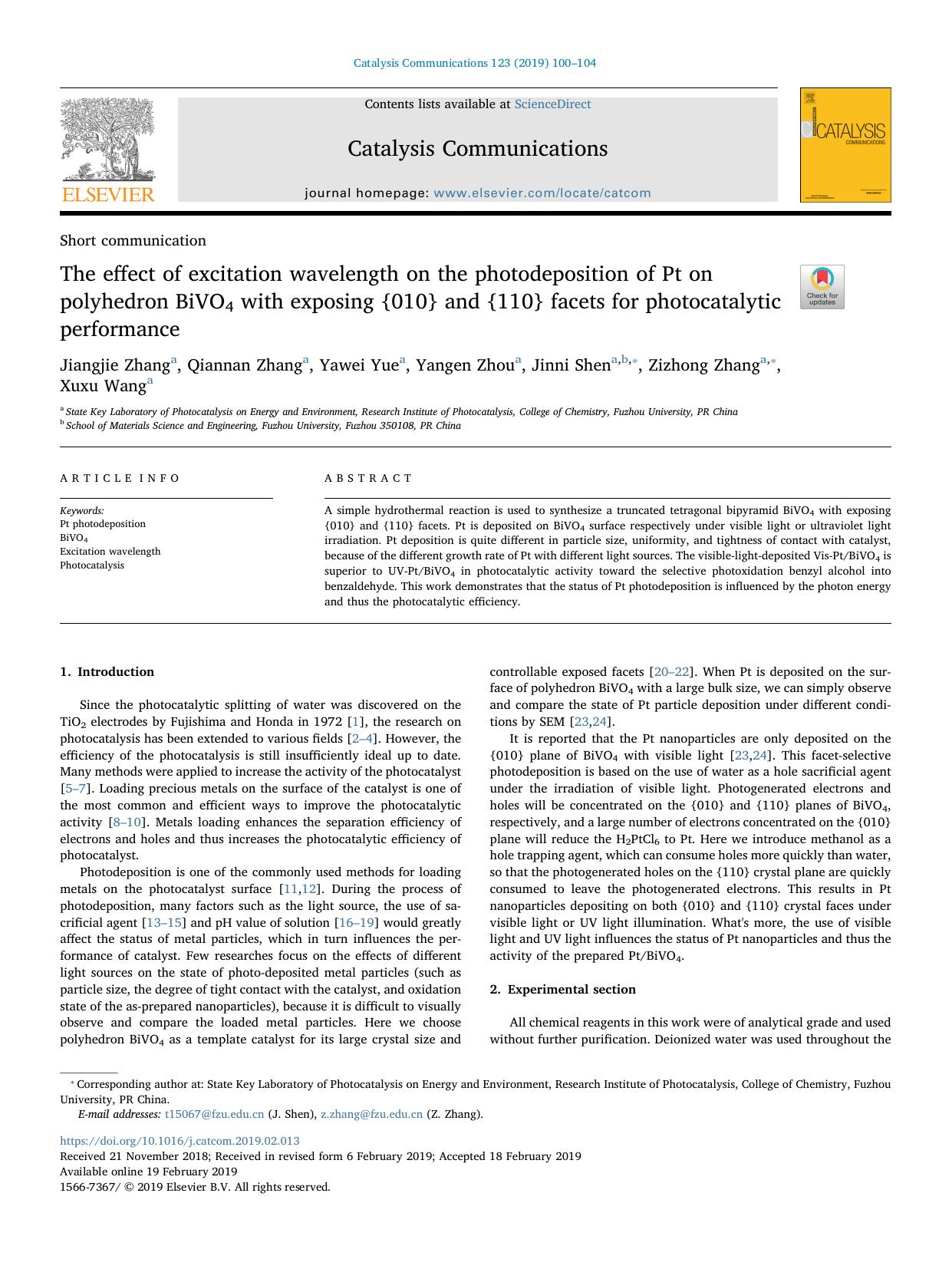 The effect of excitation wavelength on the photodeposition of Pt on polyhedron BiVO4 with exposing {010} and {110} facets for photocatalytic performance by Jiangjie Zhang & Qiannan Zhang & Yawei Yue & Yangen Zhou & Jinni Shen & Zizhong Zhang & Xuxu Wang