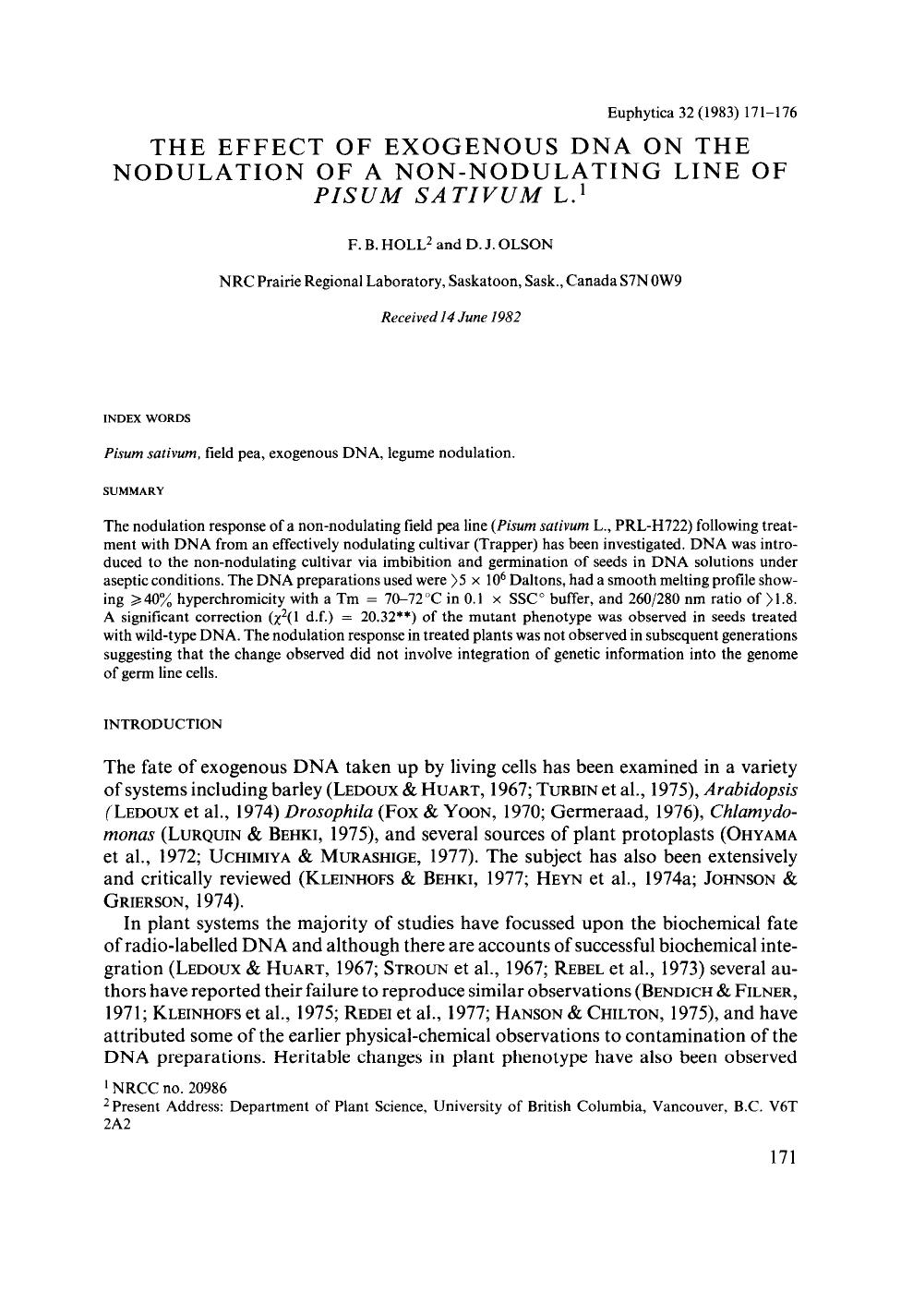 The effect of exogenous DNA on the nodulation of a non-nodulating line of <Emphasis Type="Italic">Pisum sativum <Emphasis> L. by Unknown