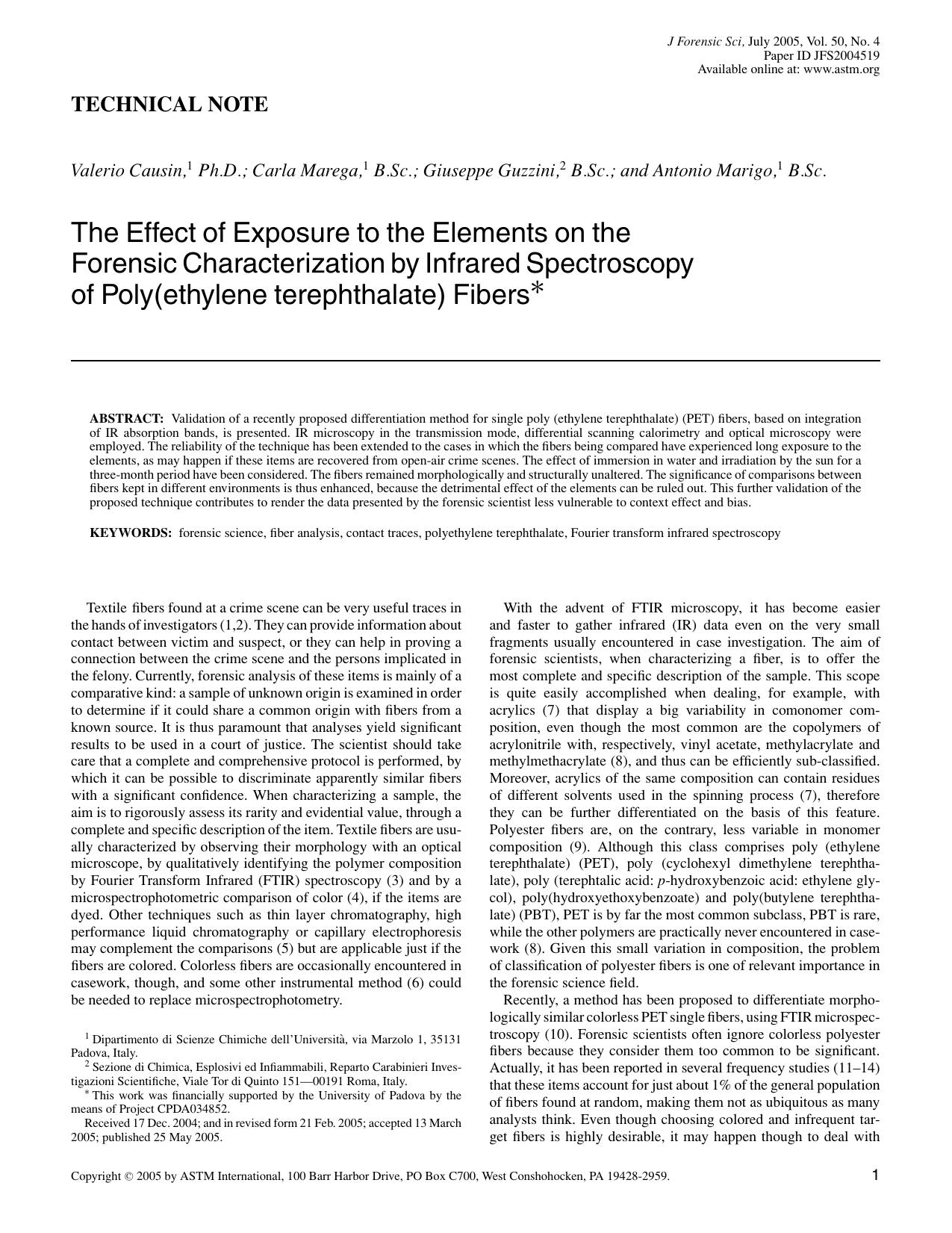 The effect of exposure to the elements to the forensic characterization by infrared spectroscopy of poly (ethylene terephthalate) fibers by Causin V Marega C Guzzini G Marigo A
