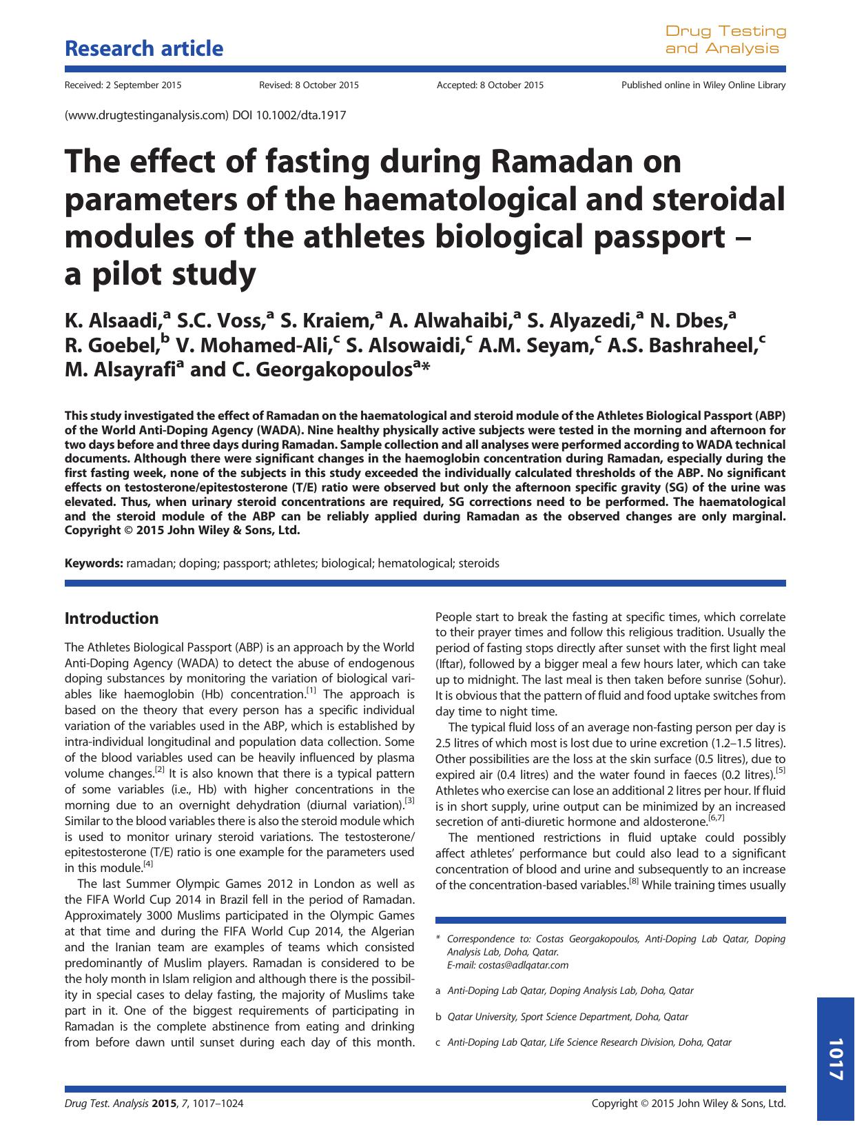 The effect of fasting during Ramadan on parameters of the haematological and steroidal modules of the athletes biological passport â a pilot study by unknow