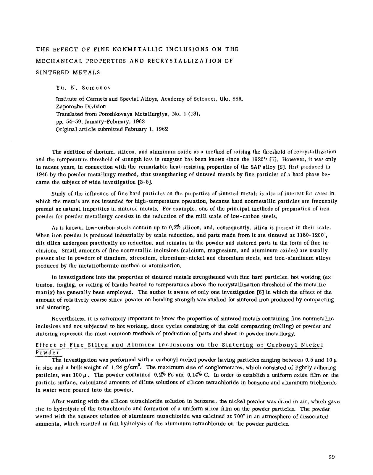 The effect of fine nonmetallic inclusions on the mechanical properties and recrystallization of sintered metals by Unknown