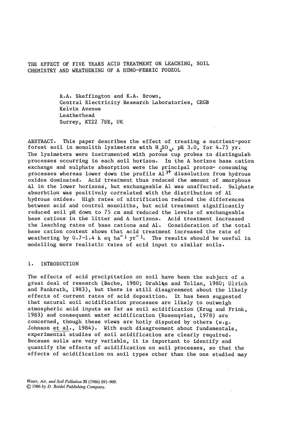 The effect of five years acid treatment on leaching, soil chemistry and weathering of a humo-ferric podzol by Unknown