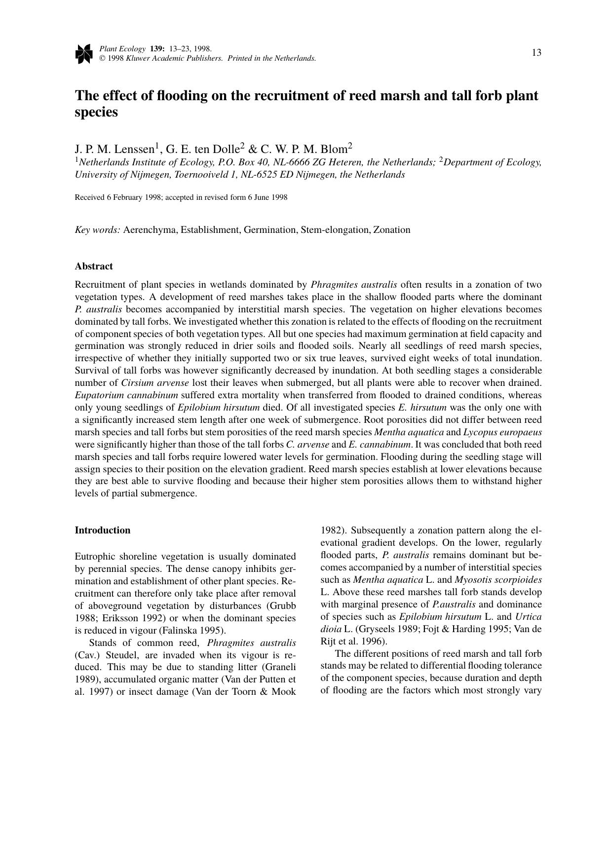 The effect of flooding on the recruitment of reed marsh and tall forb plant species by Unknown