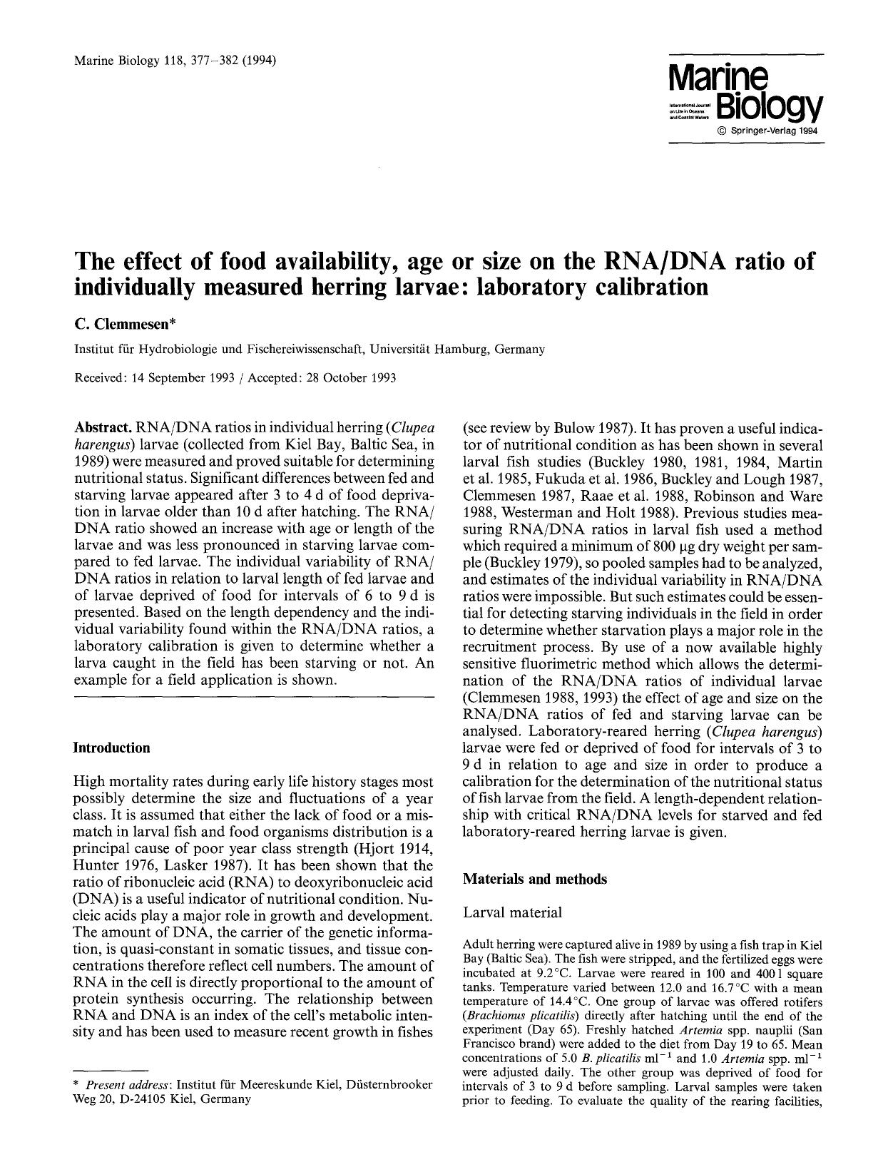 The effect of food availability, age or size on the RNADNA ratio of individually measured herring larvae: laboratory calibration by Unknown
