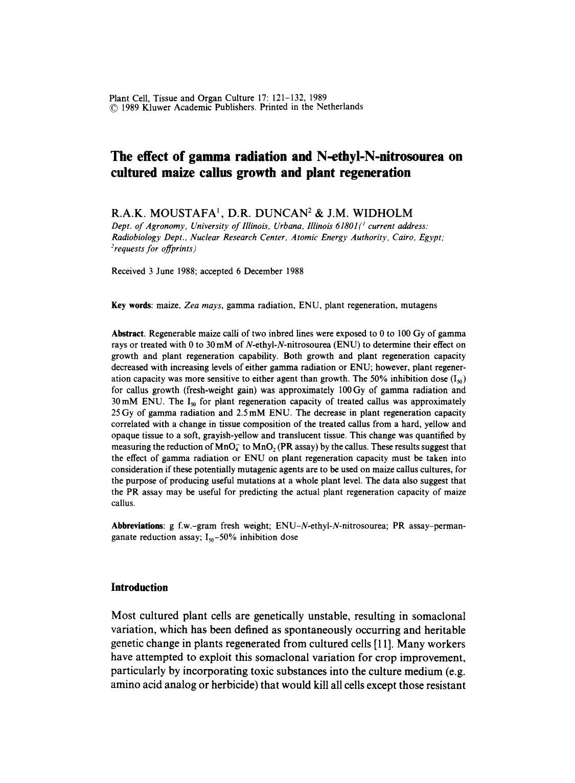 The effect of gamma radiation and N-ethyl-N-nitrosourea on cultured maize callus growth and plant regeneration by Unknown