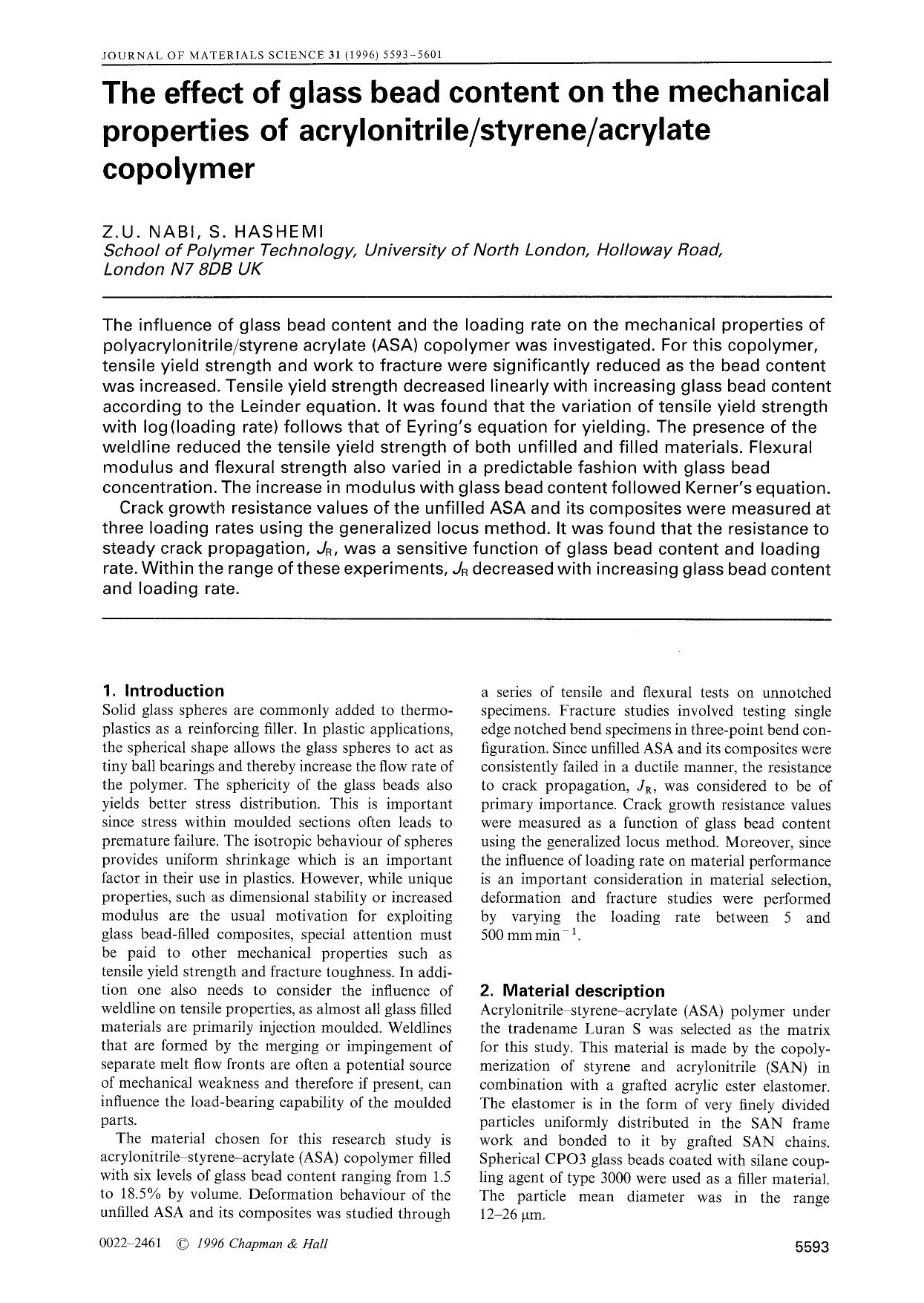 The effect of glass bead content on the mechanical properties of acrylonitrilestyreneacrylate copolymer by Unknown