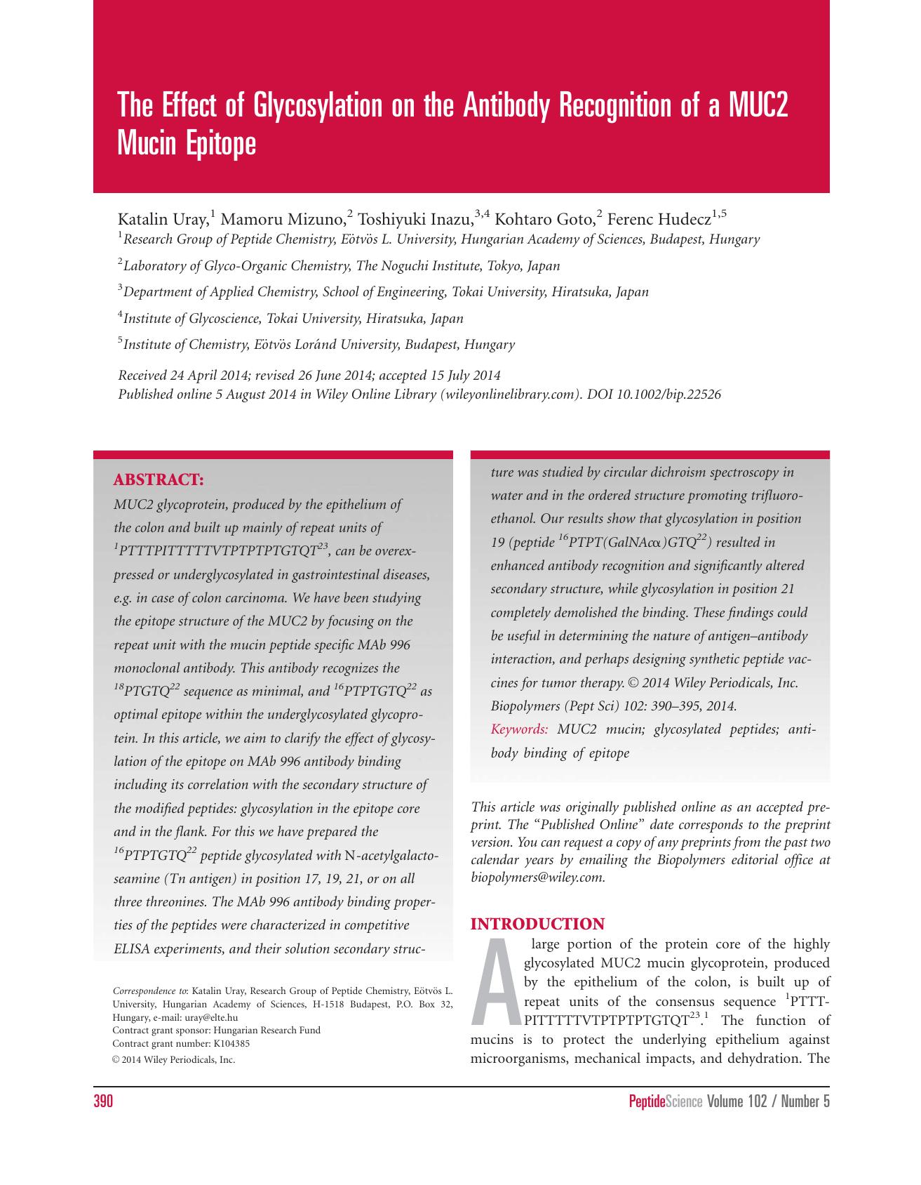 The effect of glycosylation on the antibody recognition of a MUC2 mucin epitope by Unknown
