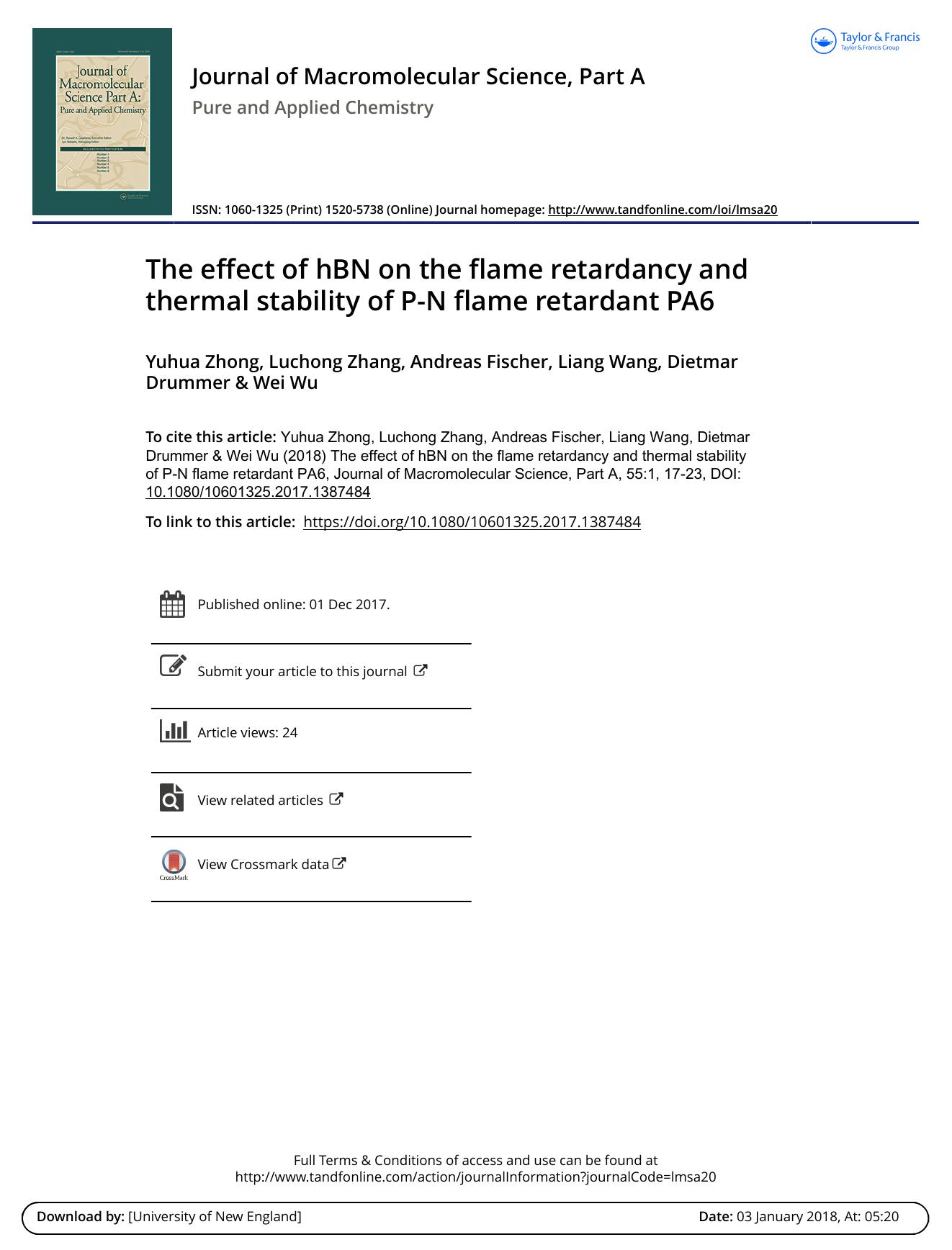 The effect of hBN on the flame retardancy and thermal stability of P-N flame retardant PA6 by Yuhua Zhong & Luchong Zhang & Andreas Fischer & Liang Wang & Dietmar Drummer & Wei Wu
