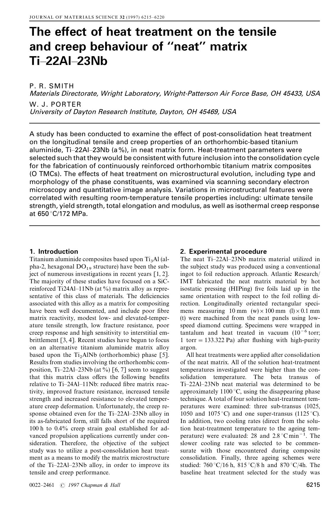 The effect of heat treatment on the tensileand creep behaviour of “neat” matrix Ti–22Al–23Nb by Unknown