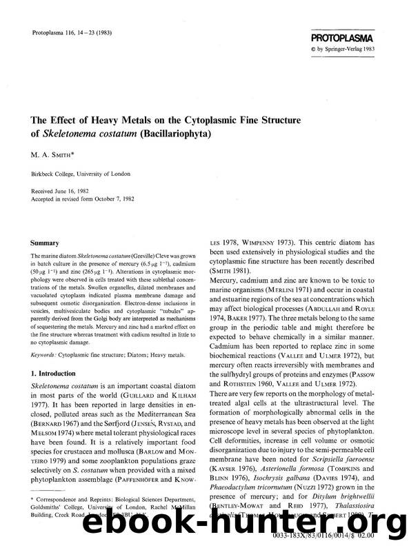 The effect of heavy metals on the cytoplasmic fine structure of <Emphasis Type="Italic">Skeletonema costatum <Emphasis> (Bacillariophyta) by Unknown
