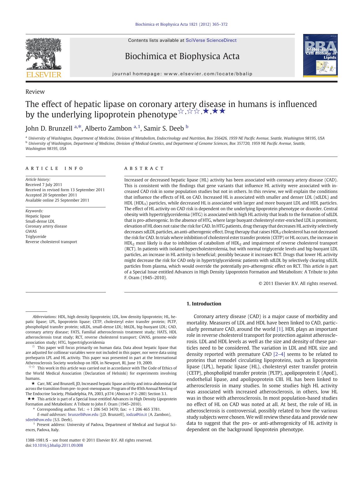 The effect of hepatic lipase on coronary artery disease in humans is influenced by the underlying lipoprotein phenotype by John D. Brunzell