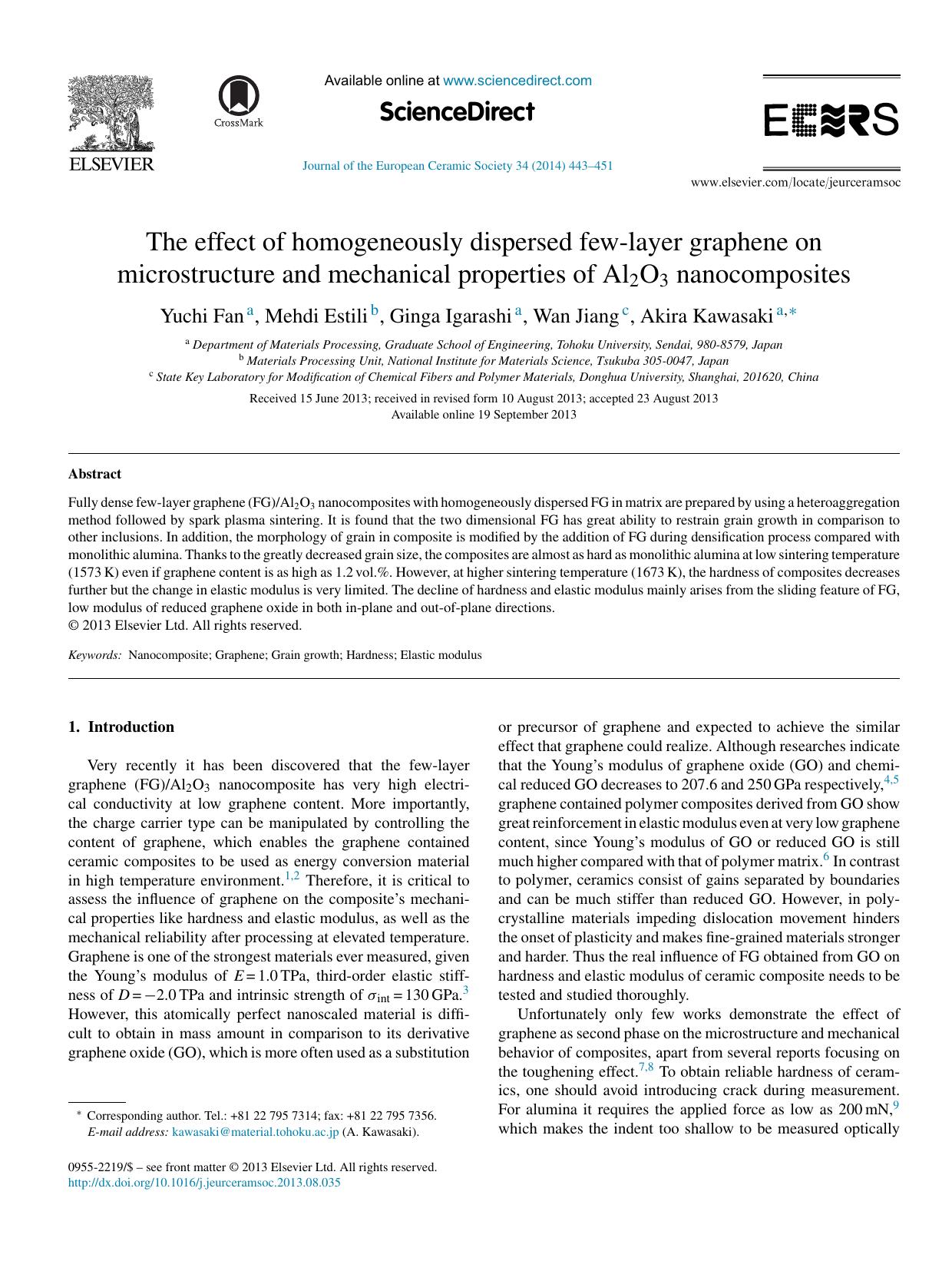 The effect of homogeneously dispersed few-layer graphene on microstructure and mechanical properties of Al2O3 nanocomposites by Yuchi Fan & Mehdi Estili & Ginga Igarashi & Wan Jiang & Akira Kawasaki
