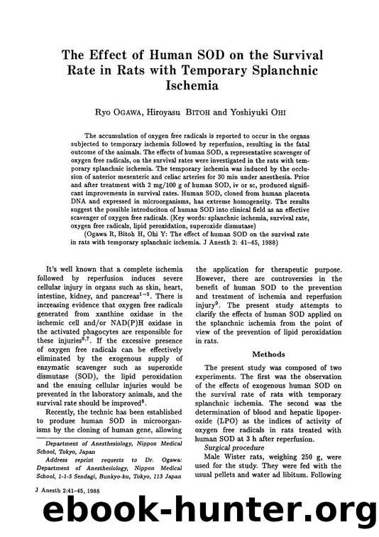 The effect of human SOD on the survival rate in rats with temporary splanchnic ischemia by Unknown
