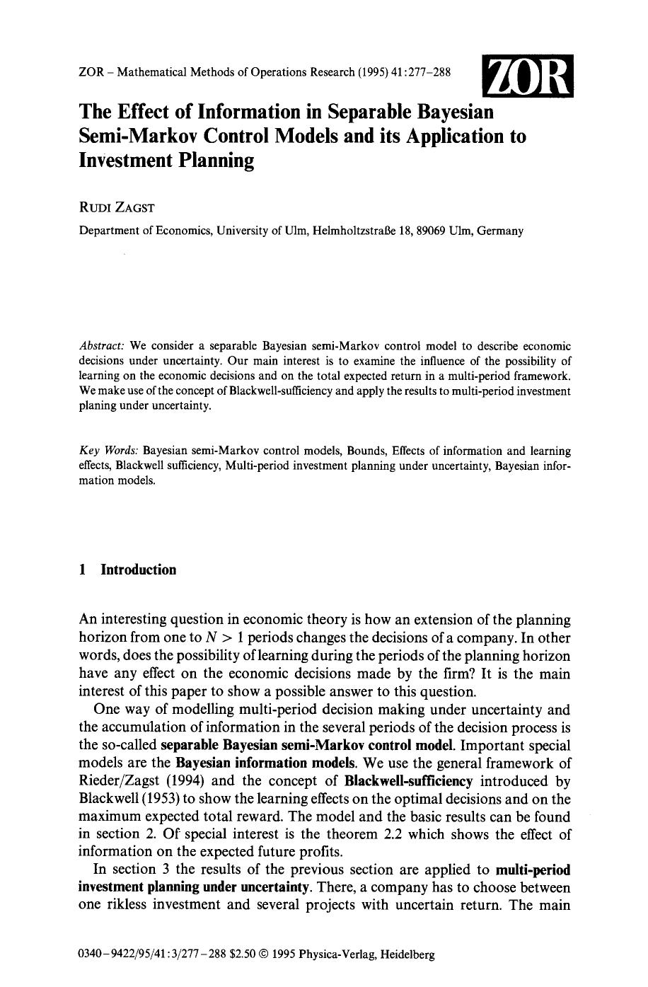 The effect of information in separable Bayesian semi-Markov control models and its application to investment planning by Unknown