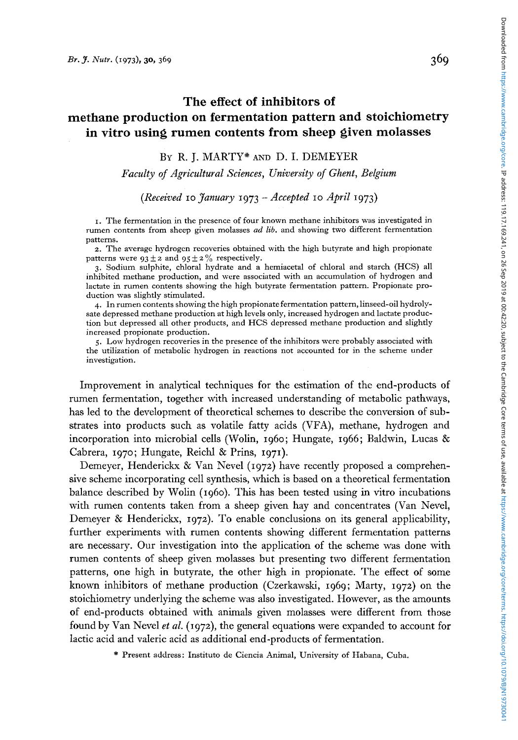 The effect of inhibitors of methane production of fermentation pattern and stoichiometry in vitro using rumen contents from sheep given molasses by R. J. Marty* D. I. Demeyer