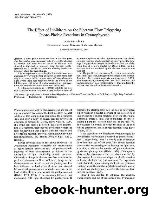 The effect of inhibitors on the electron flow triggering photo-phobic reactions in cyanophyceae by Unknown