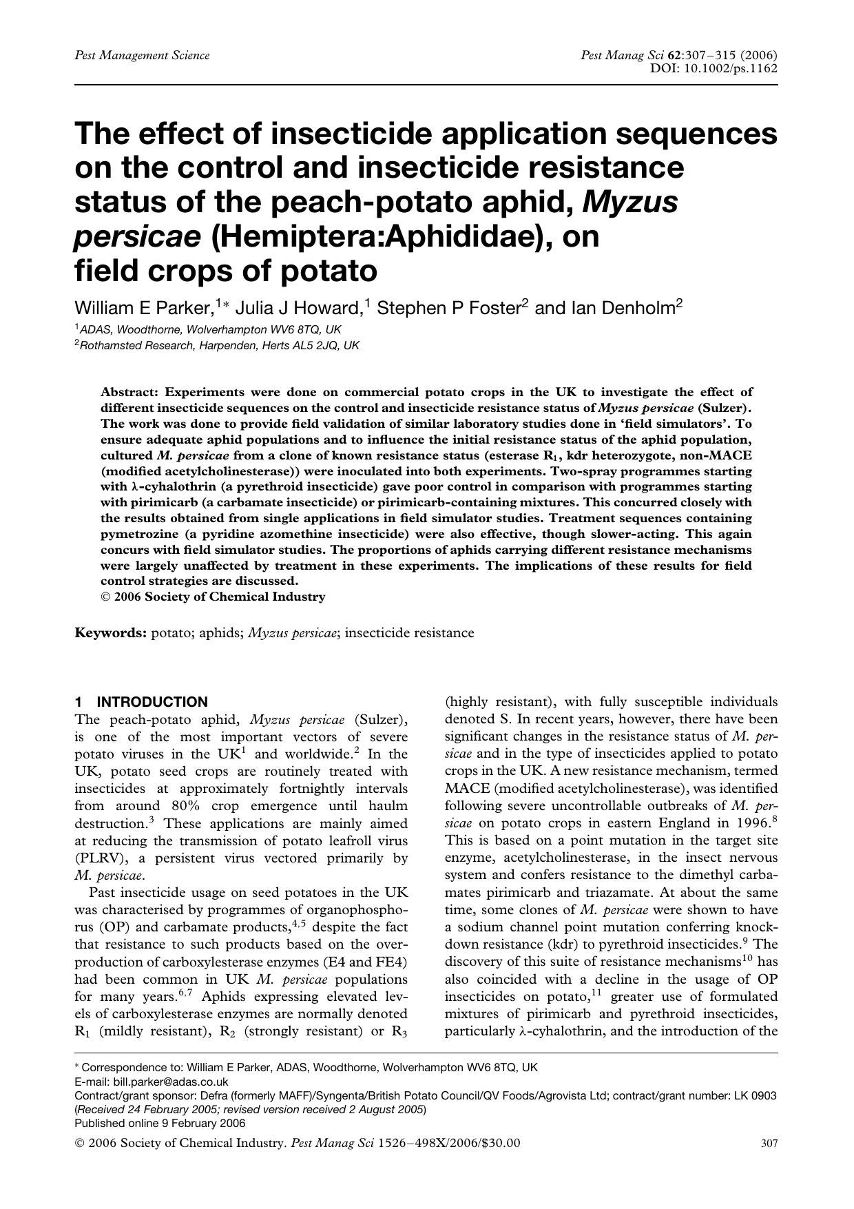 The effect of insecticide application sequences on the control and insecticide resistance status of the peach-potato aphid, Myzus persicae (Hemiptera:Aphididae), on field crops of potato by Unknown