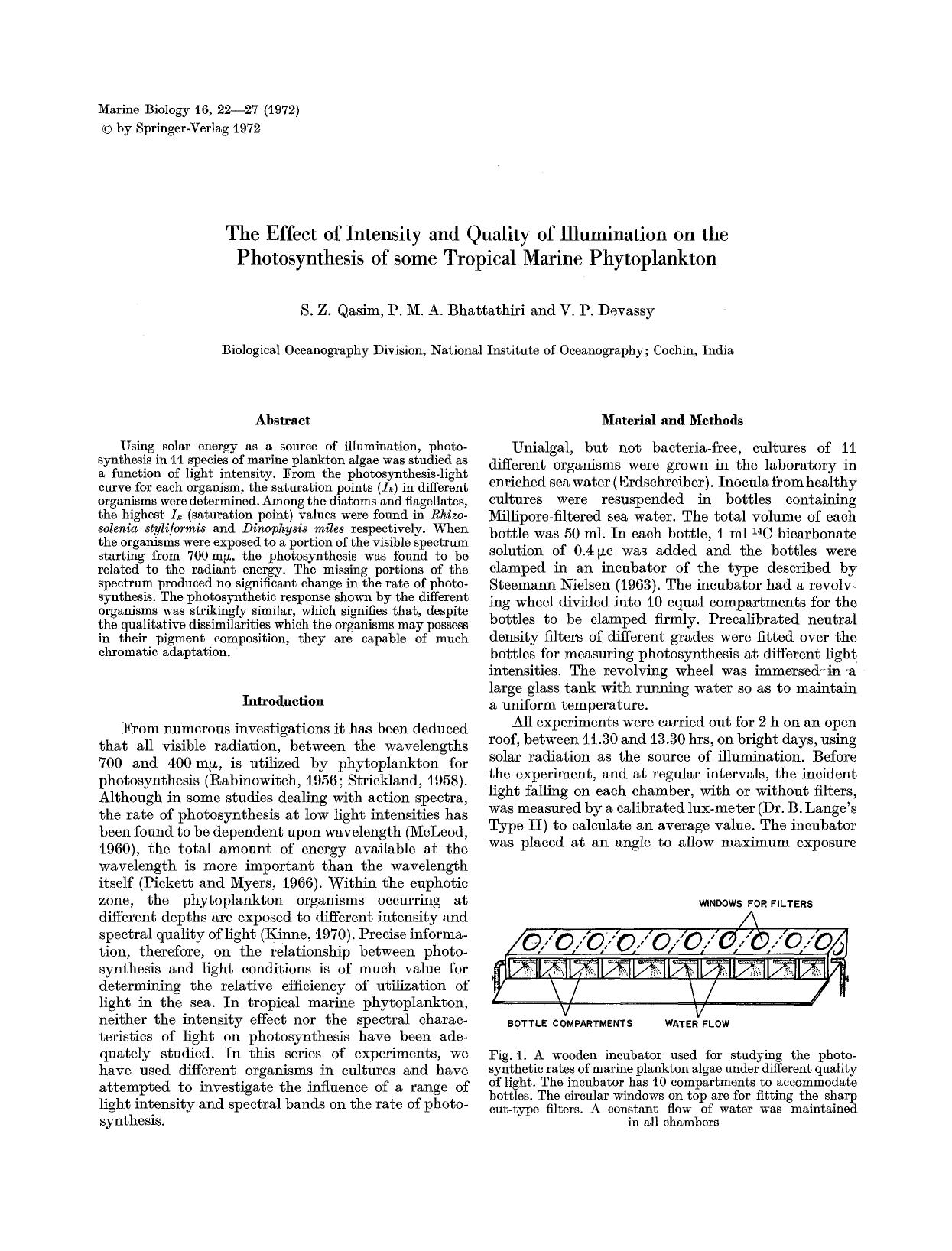 The effect of intensity and quality of illumination on the photosynthesis of some tropical marine phytoplankton by Unknown