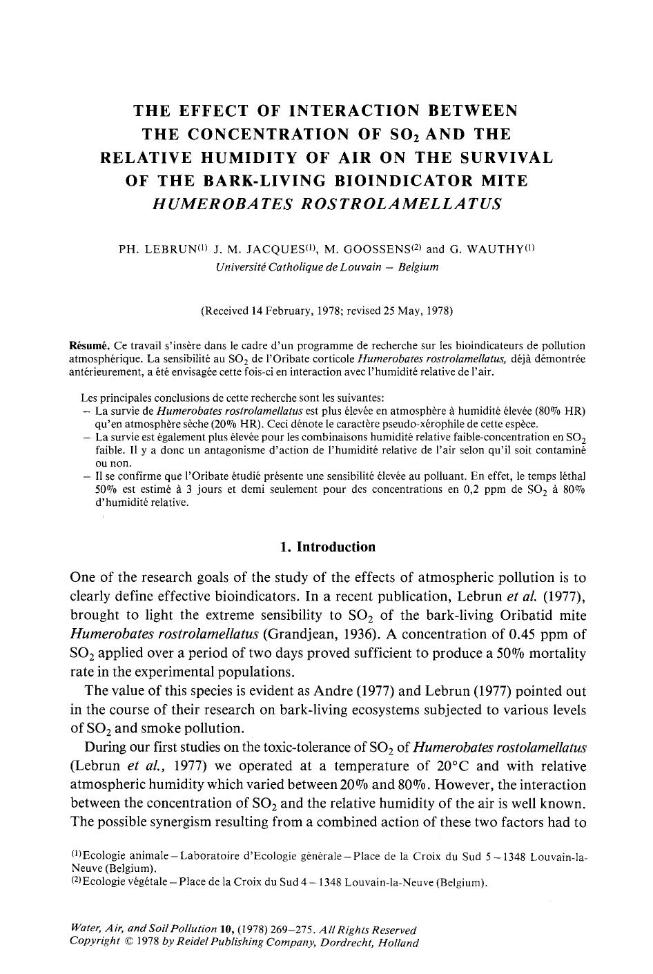 The effect of interaction between the concentration of SO<Subscript>2<Subscript> and the relative humidity of air on the survival of the bark-living bioindicator mite <Emphasis Typ by Unknown