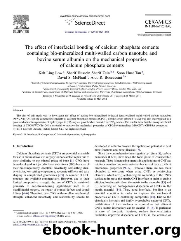 The effect of interfacial bonding of calcium phosphate cements containing bio-mineralized multi-walled carbon nanotube and bovine serum albumin on the mechanical properties of calc by Kah Ling Low