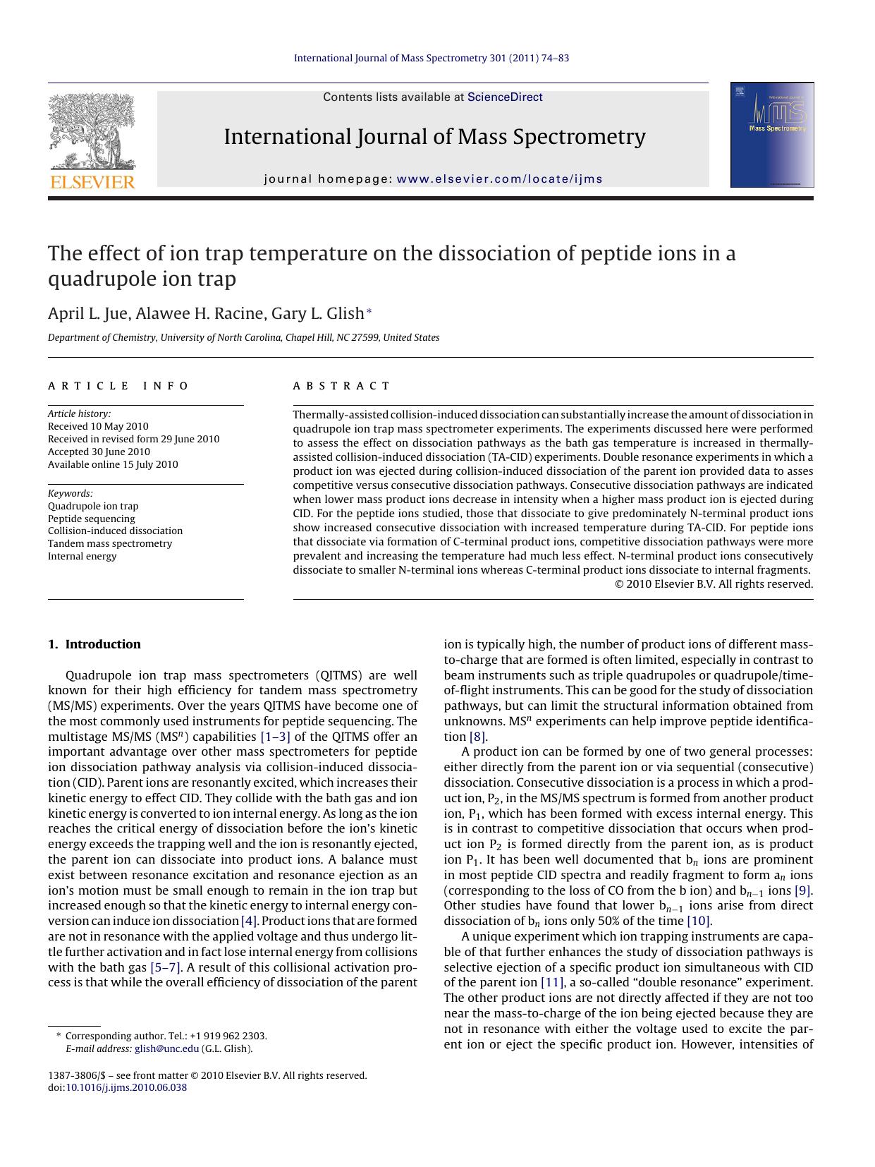 The effect of ion trap temperature on the dissociation of peptide ions in a quadrupole ion trap by April L. Jue