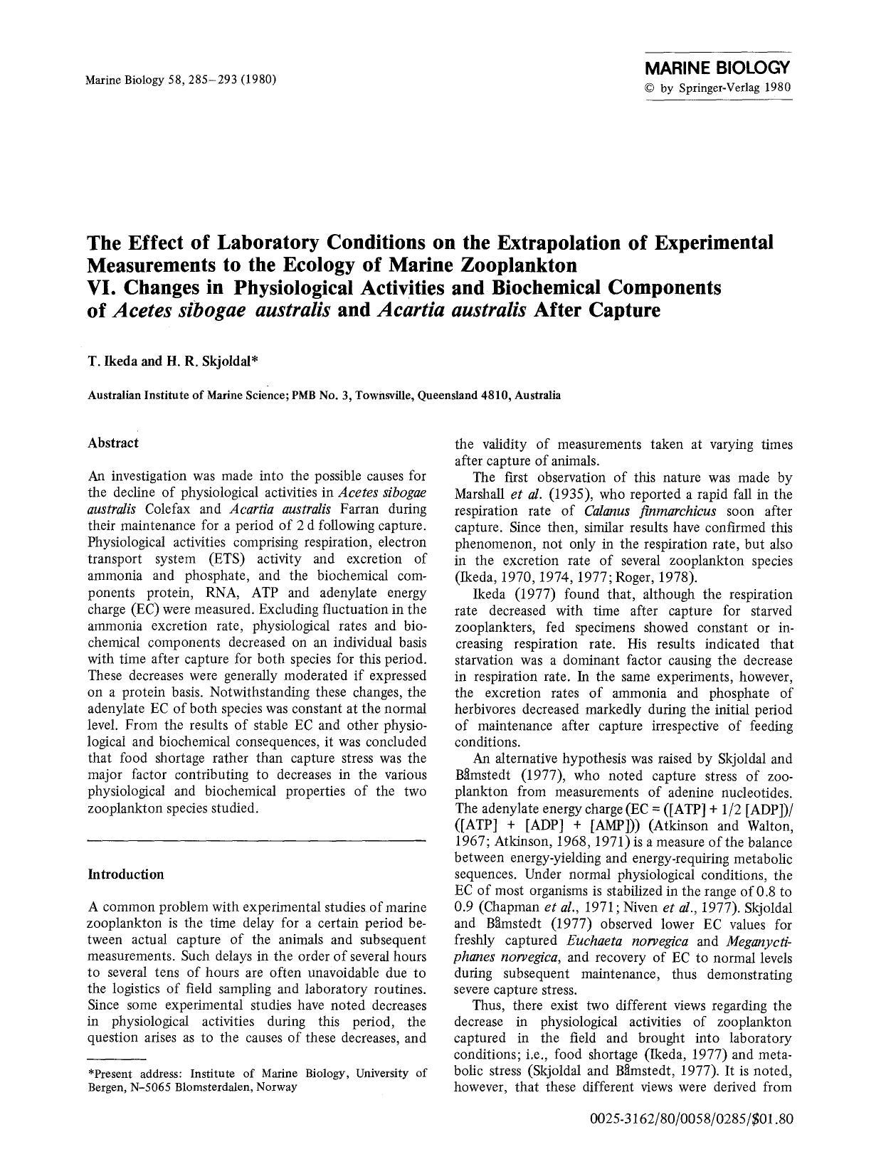 The effect of laboratory conditions on the extrapolation of experimental measurements to the ecology of marine zooplankton VI. Changes in physiological activities and biochemical c by Unknown