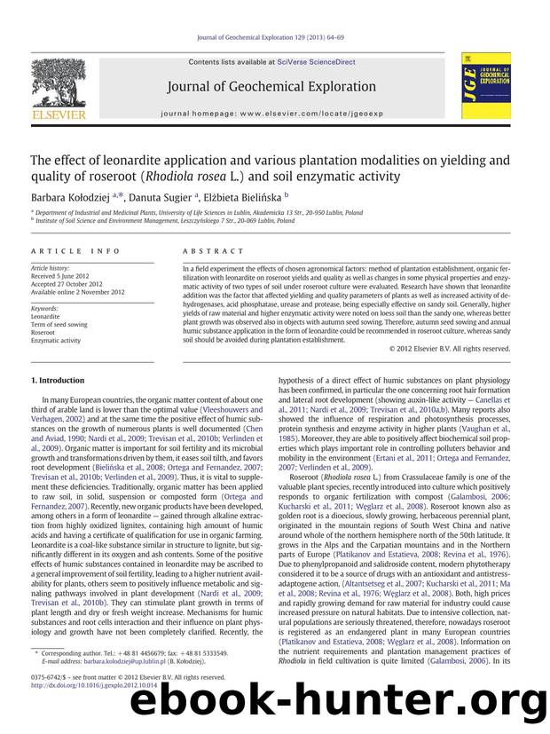 The effect of leonardite application and various plantation modalities on yielding and quality of roseroot (Rhodiola rosea L.) and soil enzymatic activity by Barbara Kołodziej & Danuta Sugier & Elżbieta Bielińska