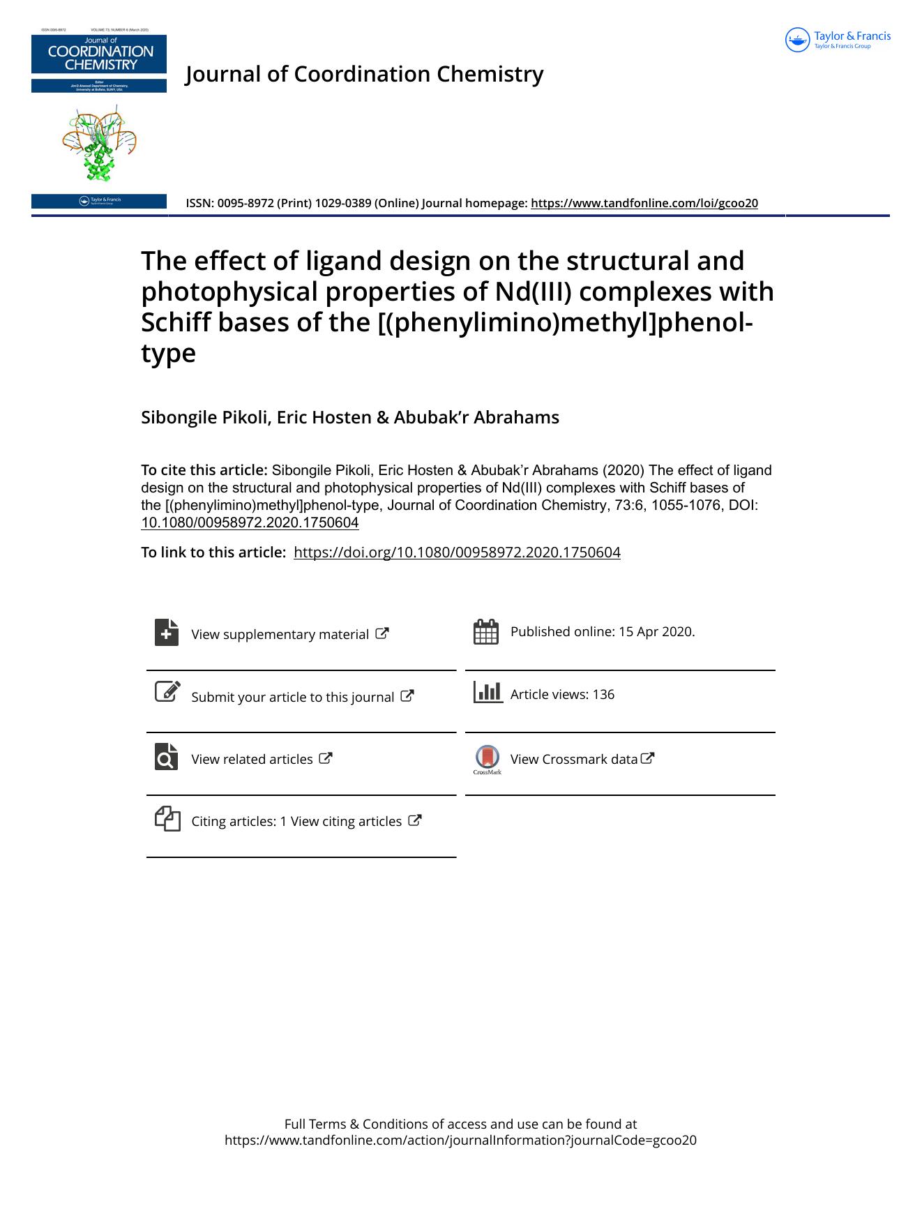The effect of ligand design on the structural and photophysical properties of Nd(III) complexes with Schiff bases of the [(phenylimino)methyl]phenol-type by Pikoli Sibongile & Hosten Eric & Abrahams Abubak’r