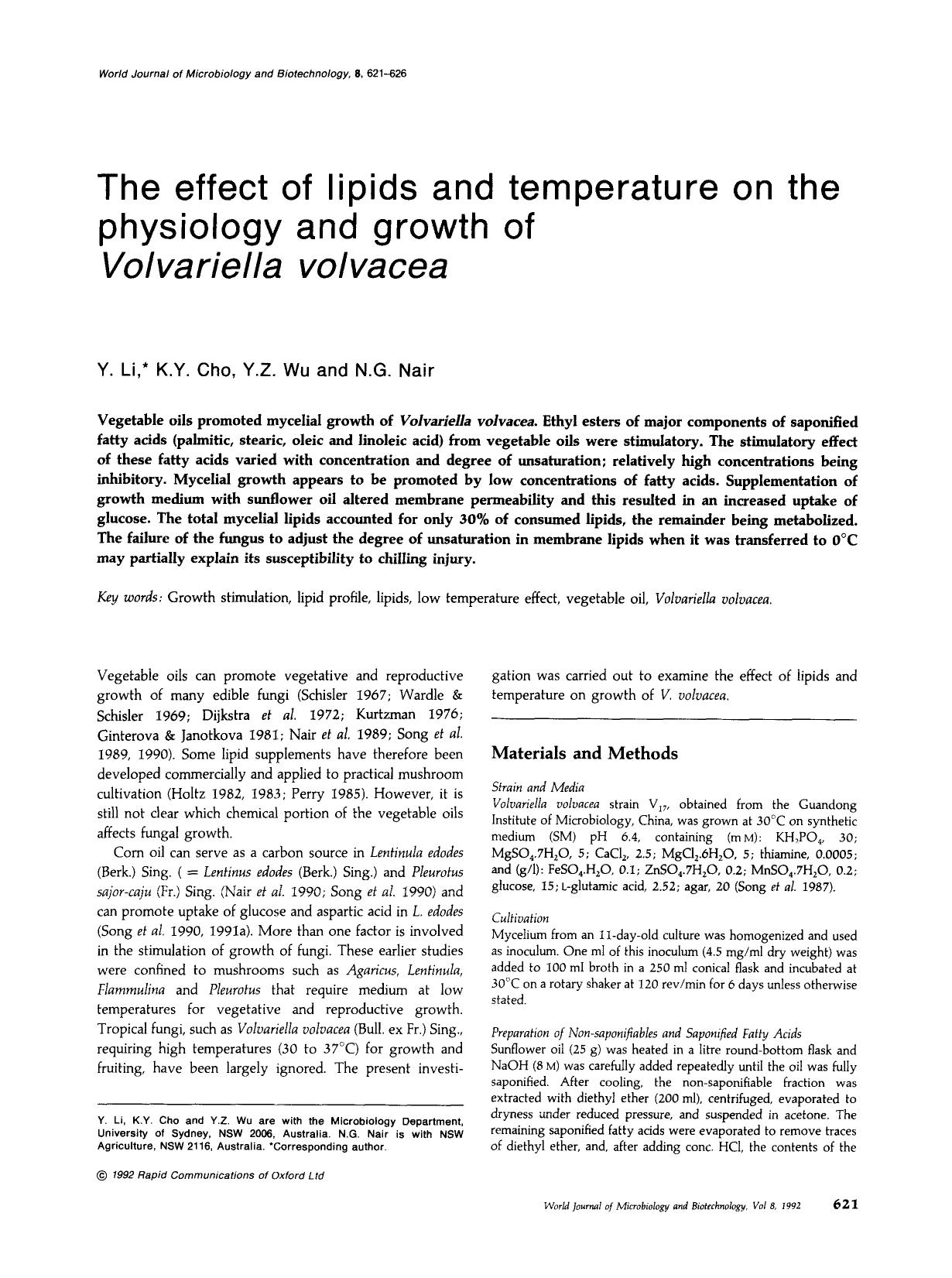 The effect of lipids and temperature on the physiology and growth of <Emphasis Type="Italic">Volvariella volvacea <Emphasis> by Unknown