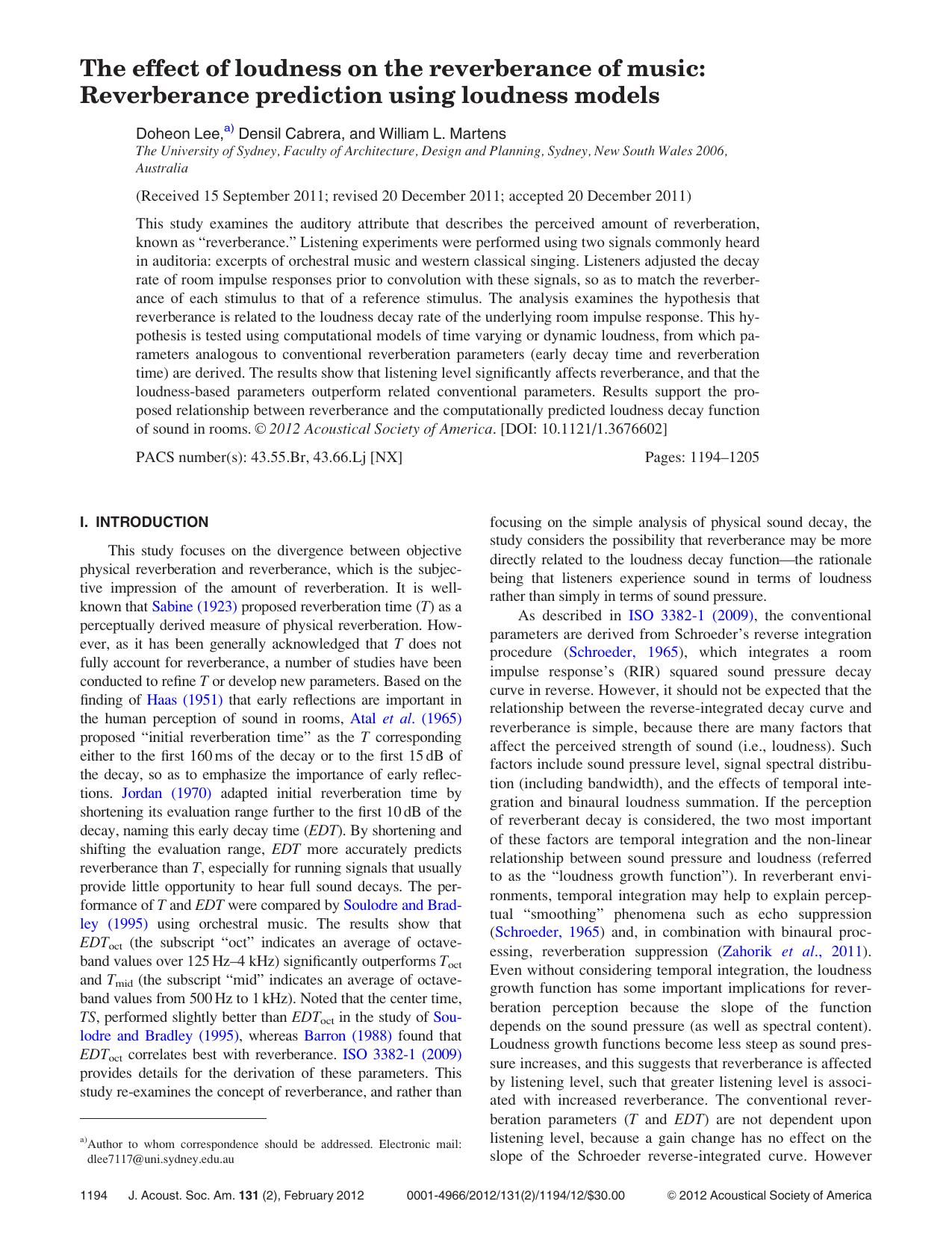 The effect of loudness on the reverberance of music: Reverberance prediction using loudness models by Doheon Lee Densil Cabrera and William L. Martens