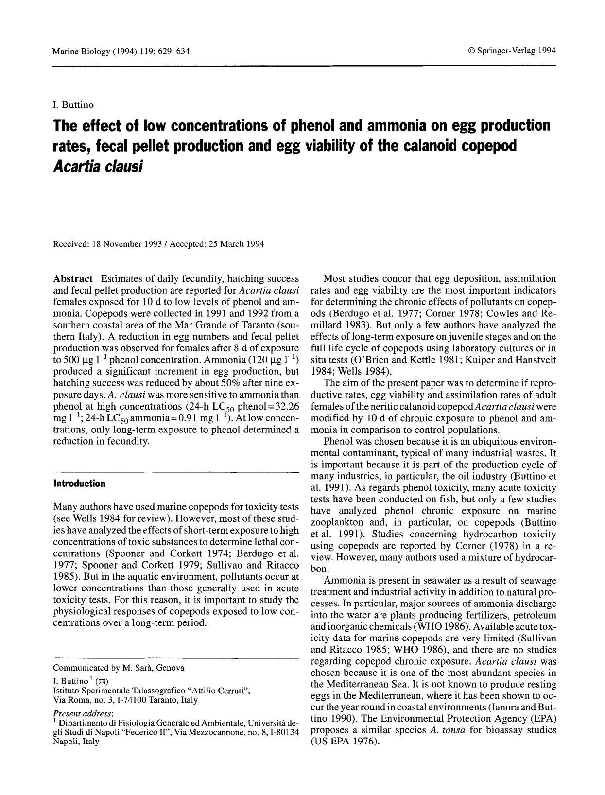 The effect of low concentrations of phenol and ammonia on egg production rates, fecal pellet production and egg viability of the calanoid copepod <Emphasis Type="Italic">Acartia clausi<Emphasis> by Unknown